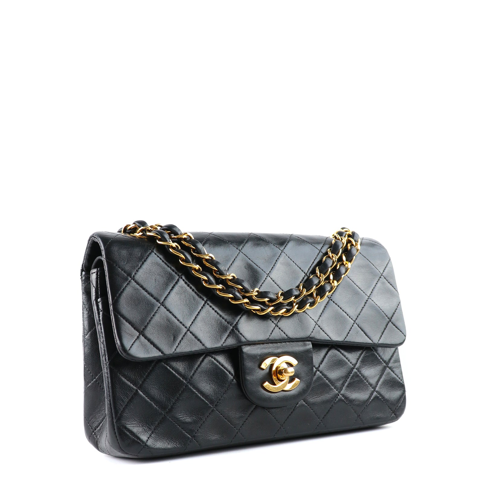 CHANEL - Sac à main Timeless double flap 23cm en cuir matelassé noir vintage