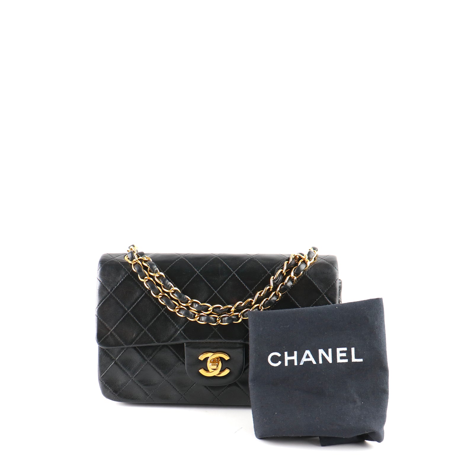 CHANEL - Sac à main Timeless double flap 23cm en cuir matelassé noir vintage