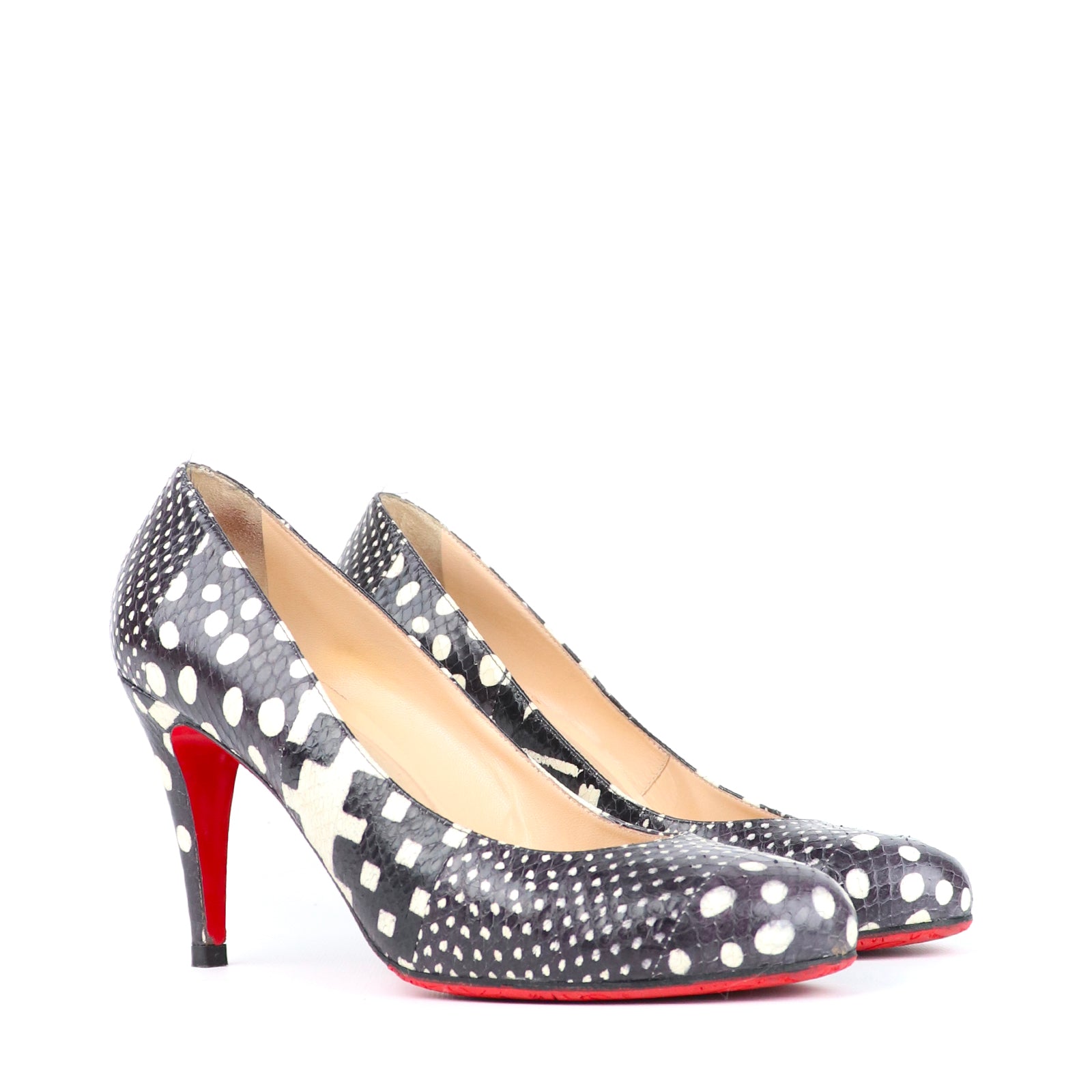 LOUBOUTIN - Escarpins Plum en python noir et blanc (T40)
