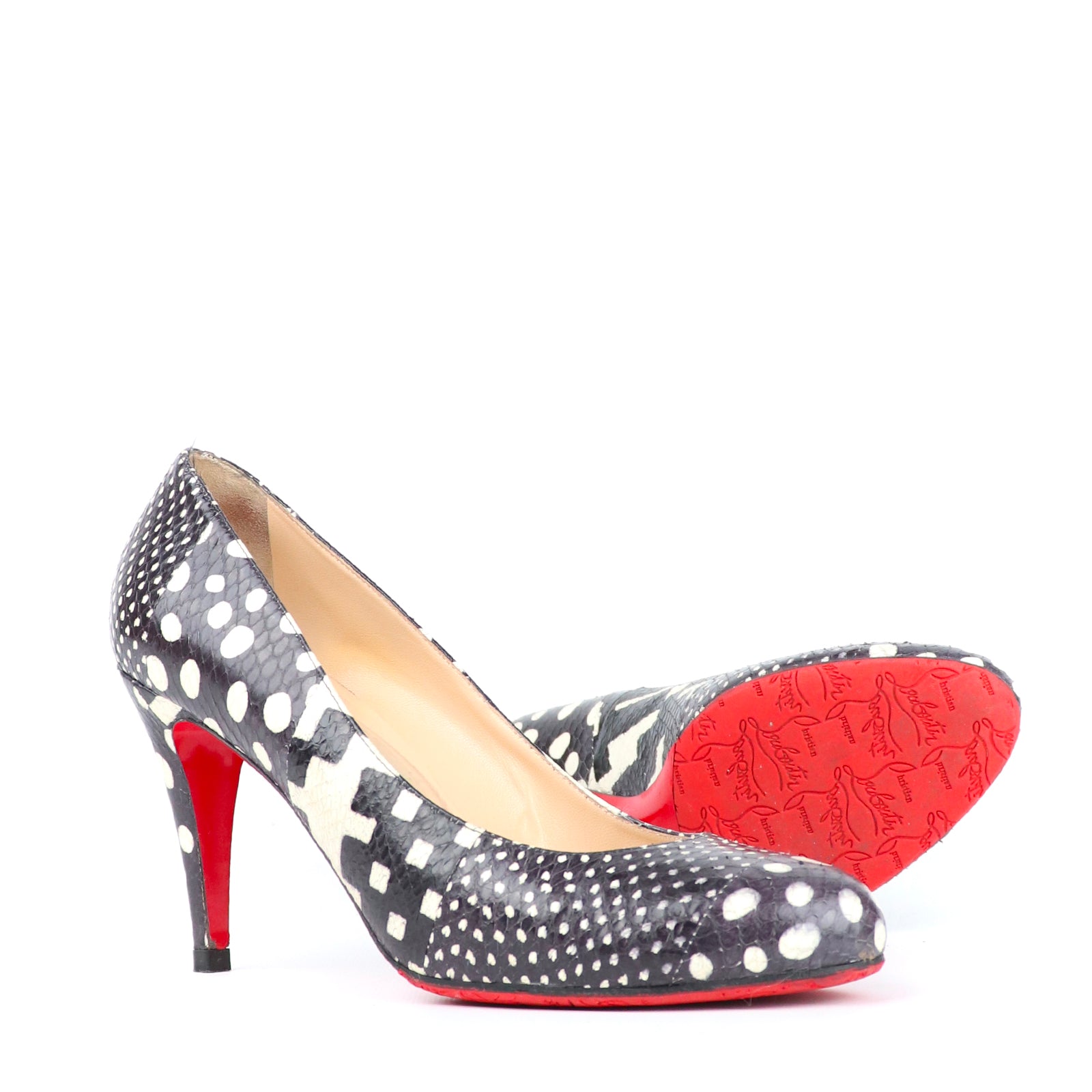 LOUBOUTIN - Escarpins Plum en python noir et blanc (T40)