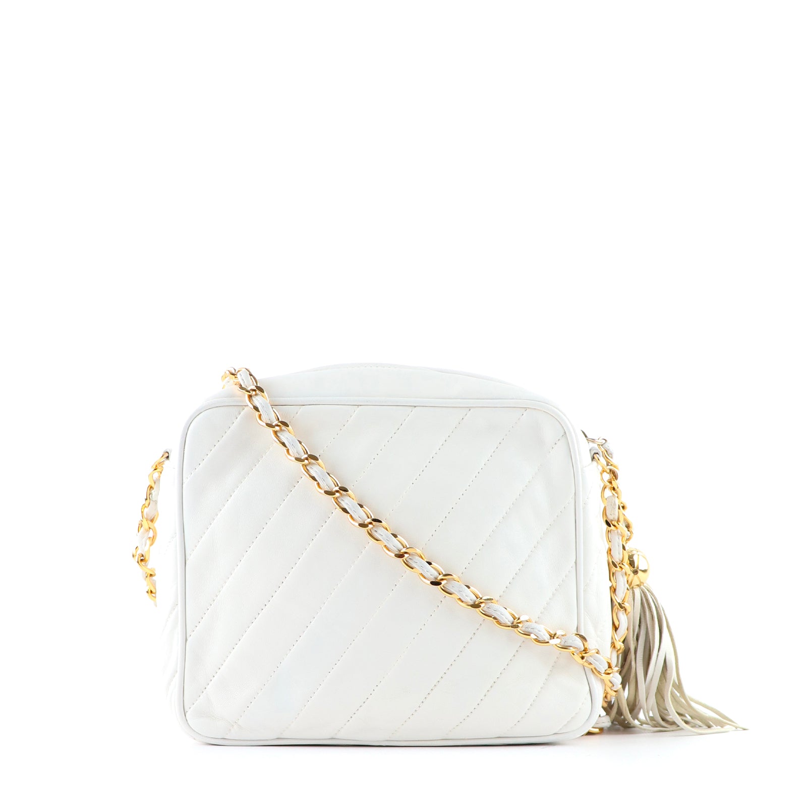 CHANEL - Sac à bandoulière Caméra vintage en cuir blanc
