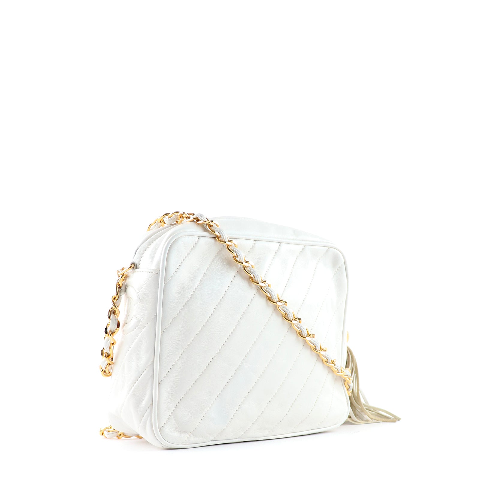 CHANEL - Sac à bandoulière Caméra vintage en cuir blanc