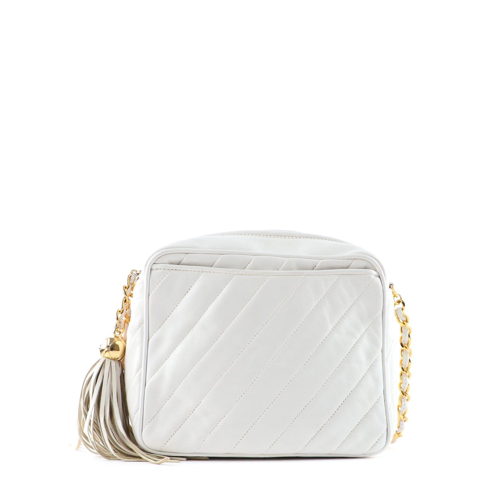 CHANEL - Sac à bandoulière Caméra vintage en cuir blanc