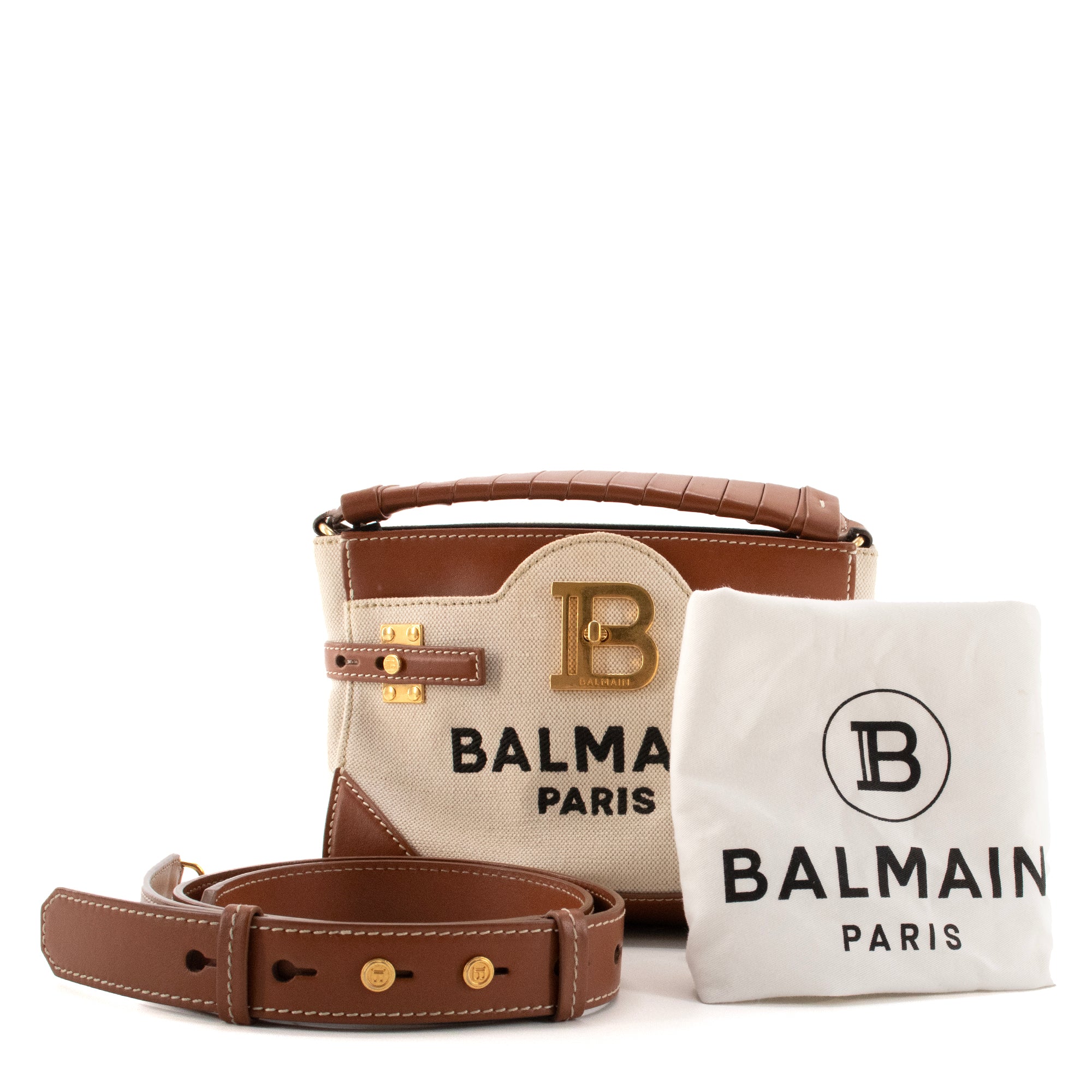 BALMAIN - Sac à bandoulière B-Buzz 22 Balmain en toile beige et cuir marron