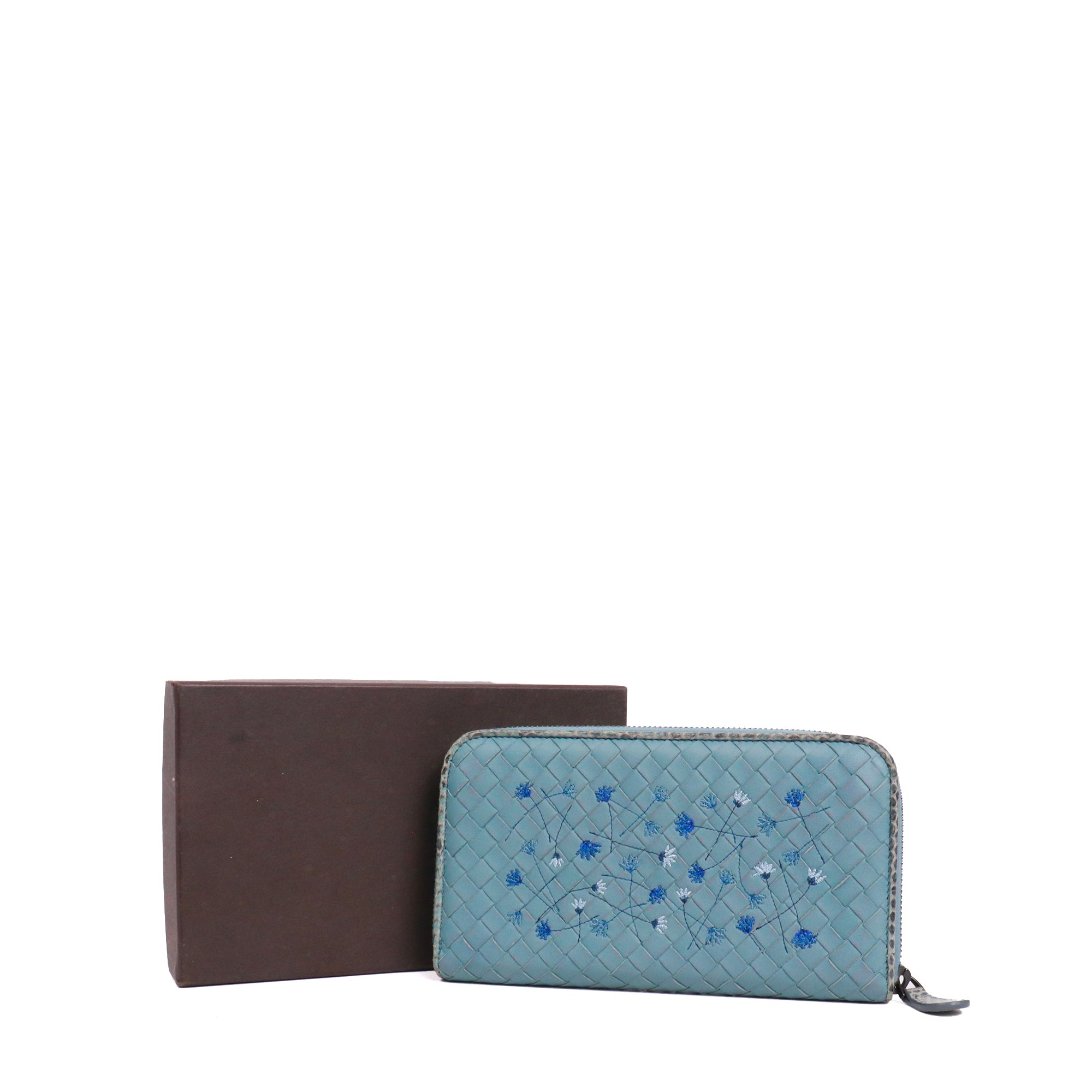 BOTTEGA VENETA - Portefeuille à fermeture zippée Bottega Veneta en cuir intrecciato bleu