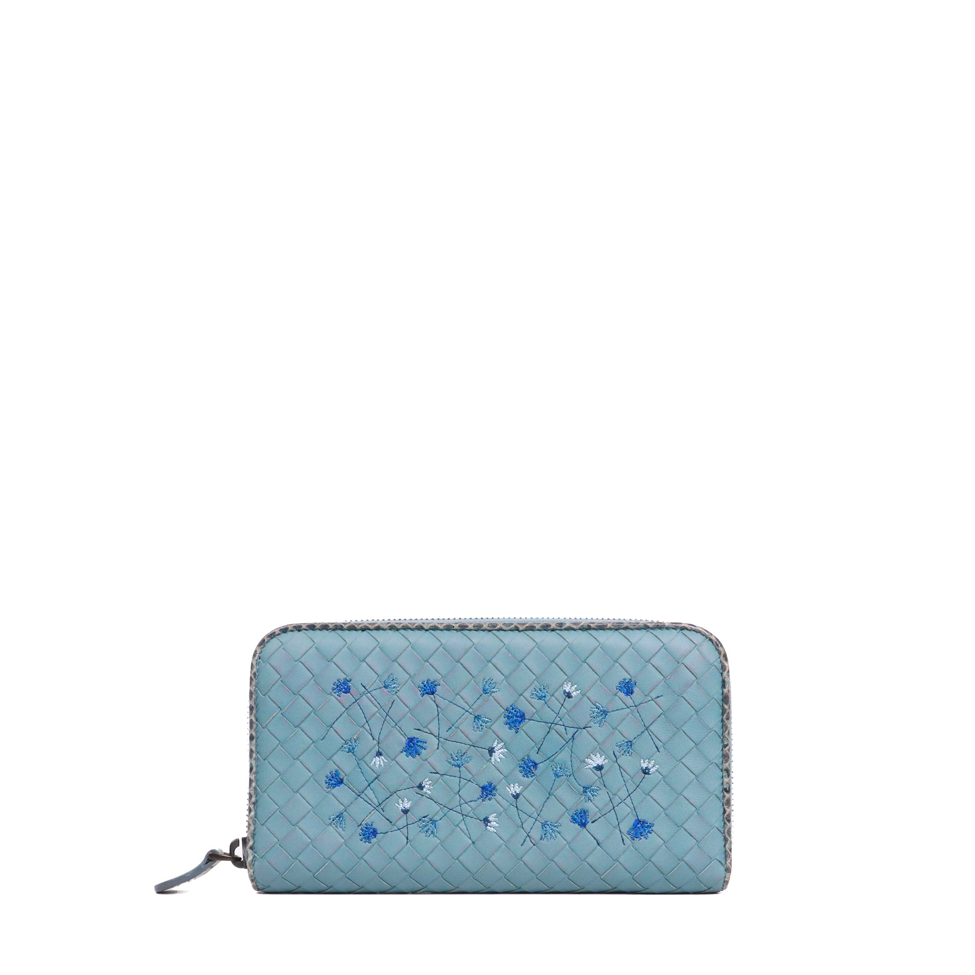 BOTTEGA VENETA - Portefeuille à fermeture zippée Bottega Veneta en cuir intrecciato bleu