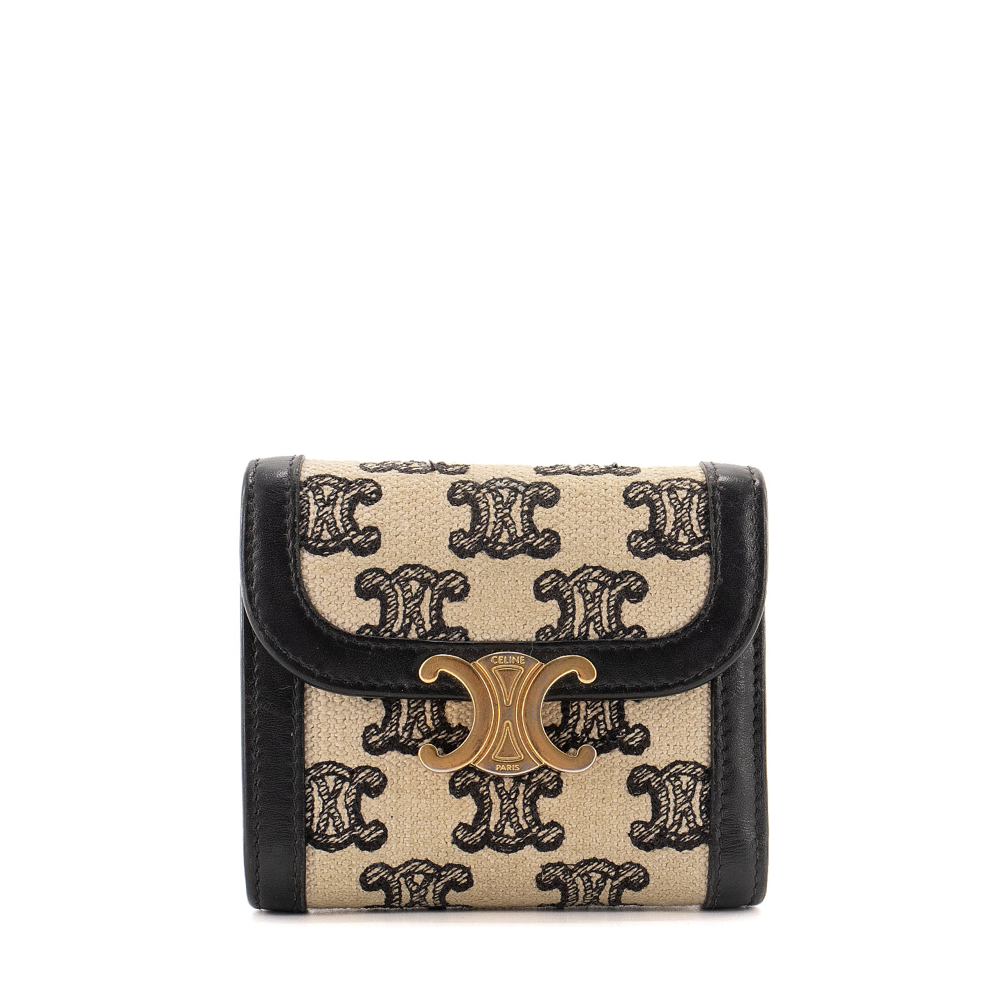 CELINE - Portefeuille Triomphe Celine en toile monogramée et cuir noir