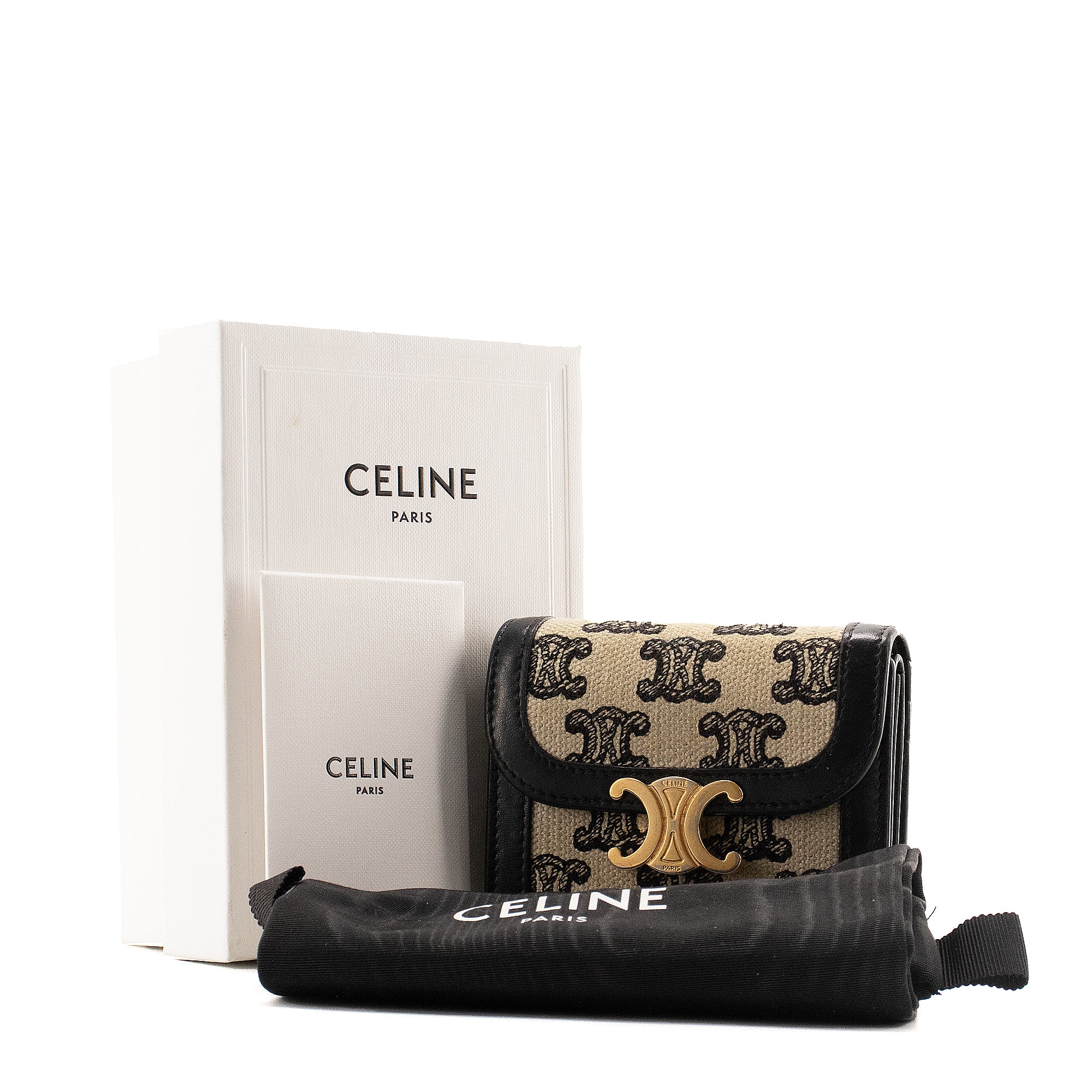 CELINE - Portefeuille Triomphe Celine en toile monogramée et cuir noir