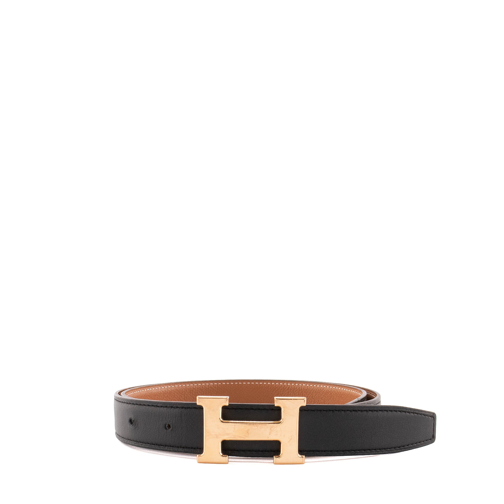 HERMÈS - Ceinture H réversible Hermès en cuir noir et marron (T80)