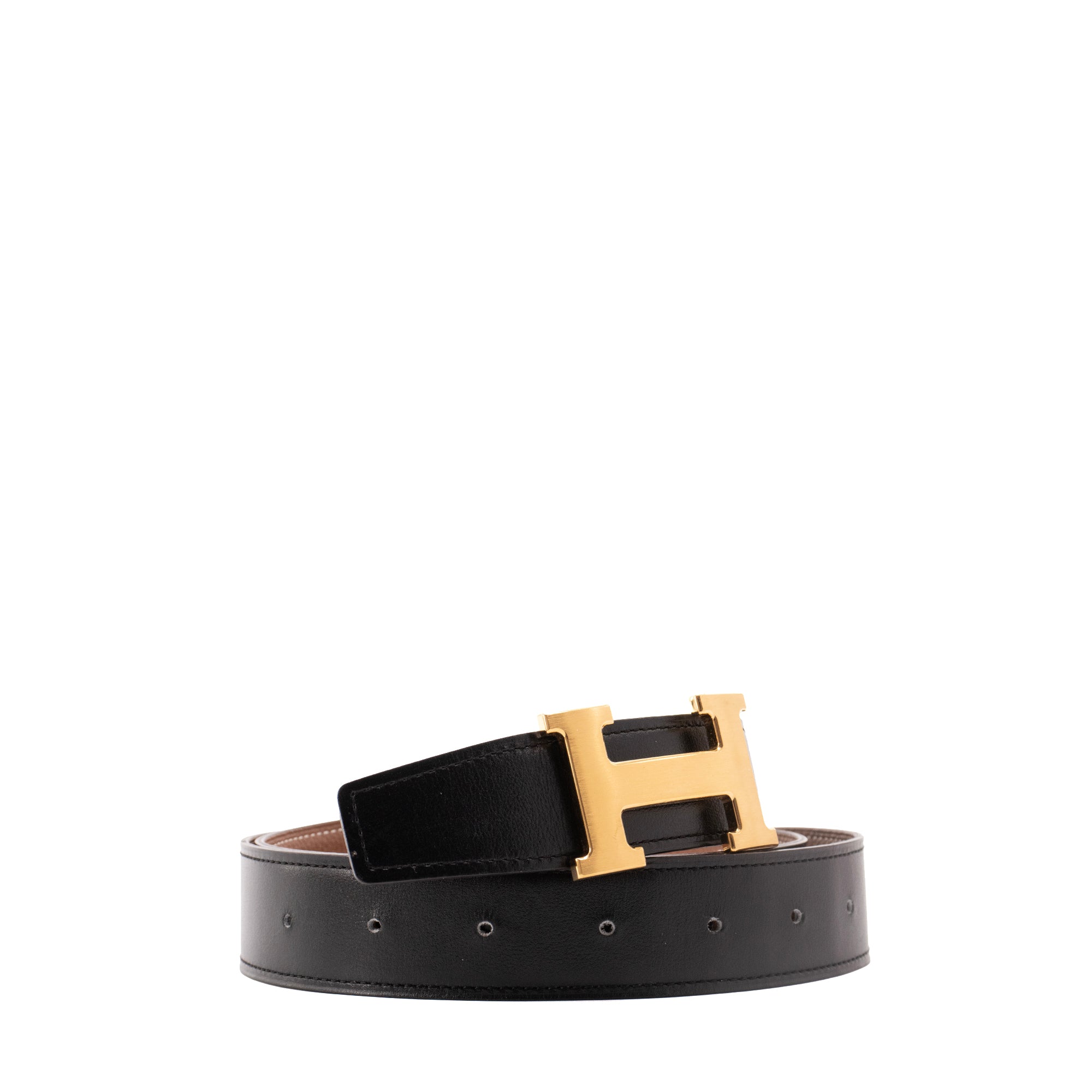 HERMÈS - Ceinture H réversible Hermès en cuir noir et marron (T90)