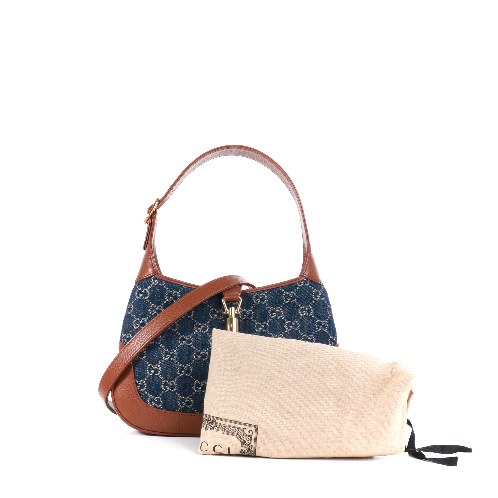 GUCCI - Sac à bandoulière Jackie 1961 Gucci petite taille en denim et cuir grainé marron