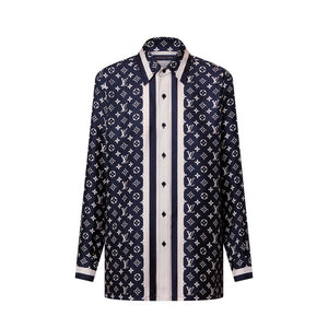 LOUIS VUITTON - Chemise de pyjama Monogram Louis Vuitton en soie bleu marine et blanche (T36)