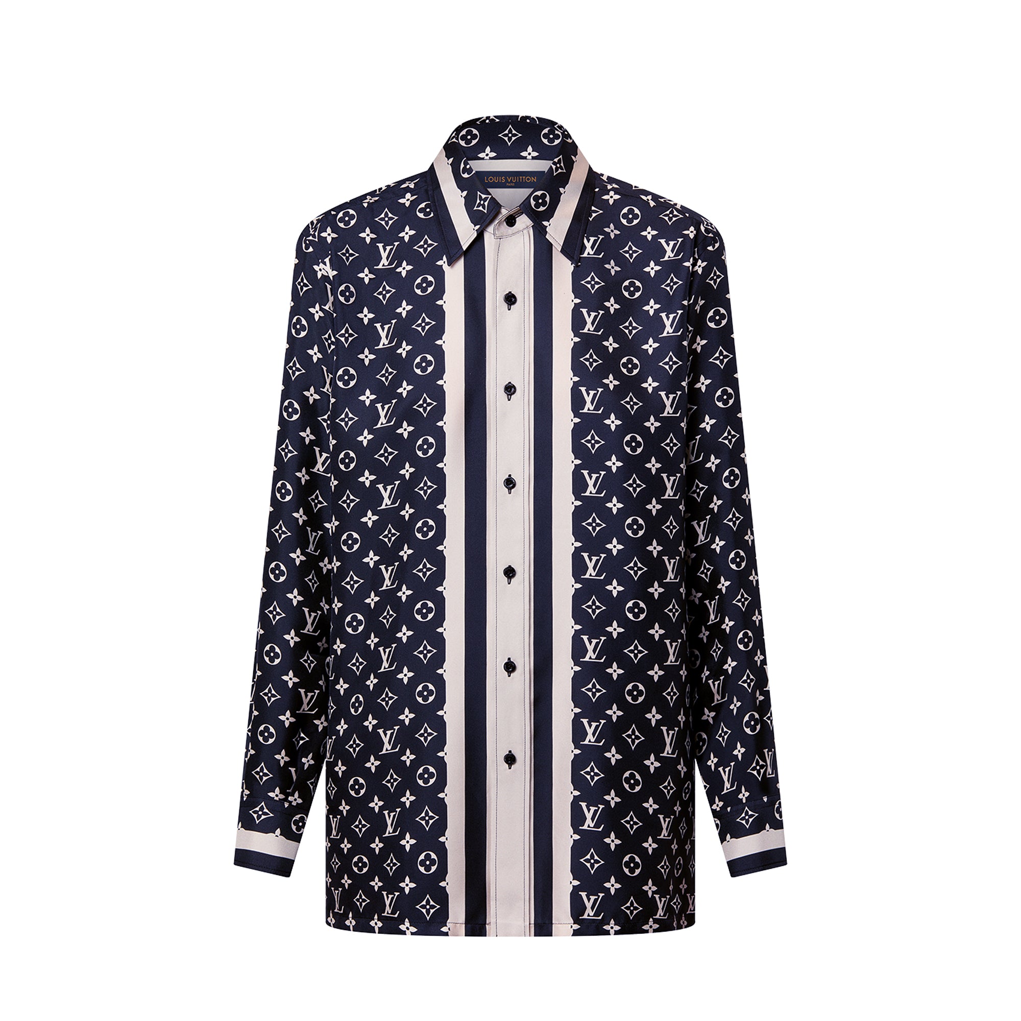 LOUIS VUITTON - Chemise de pyjama Monogram Louis Vuitton en soie bleu marine et blanche (T36)