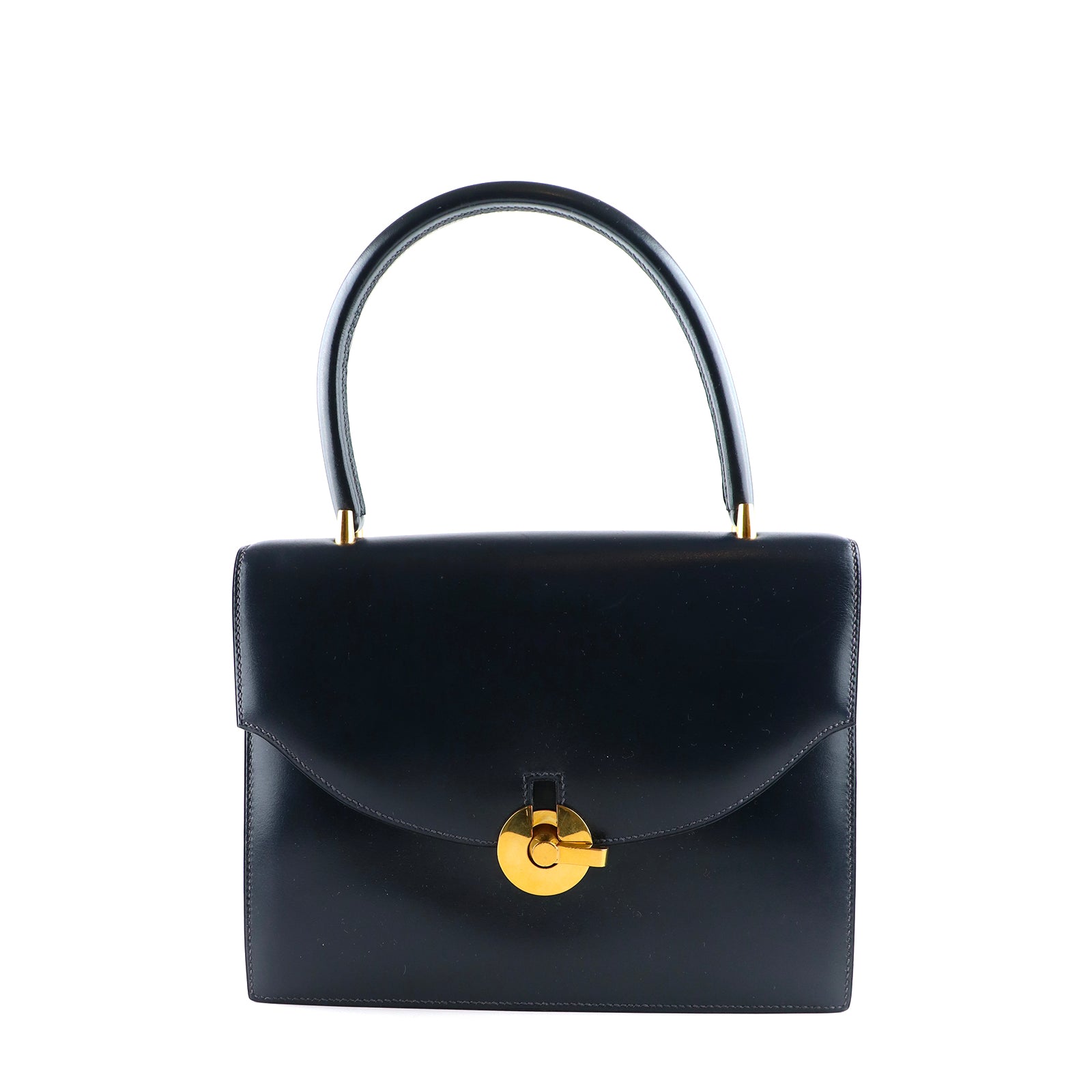 HERMÈS - Sac à main en cuir lisse bleu marine vintage