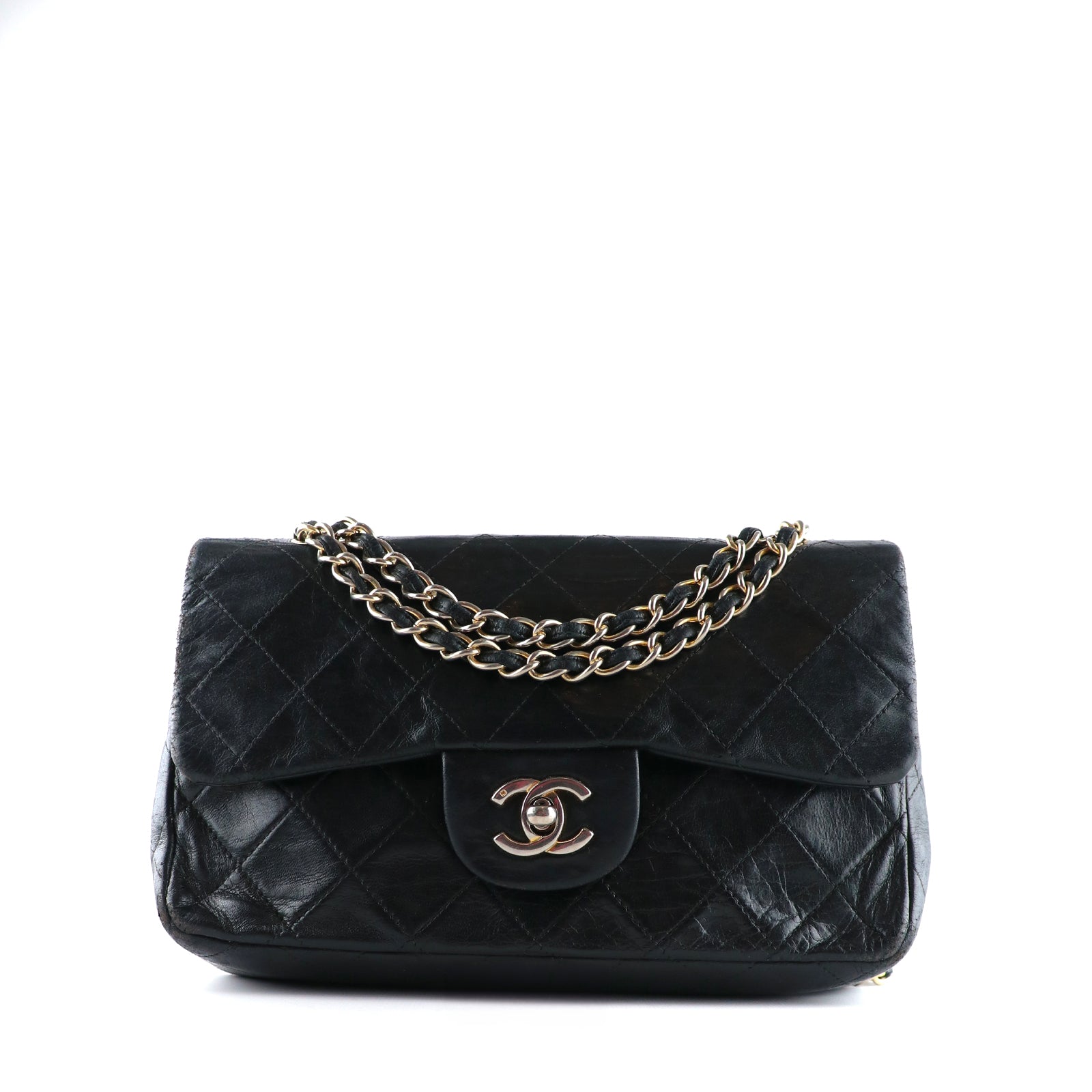 CHANEL - Sac à main Timeless 23 double flap en cuir matelassé noir vintage