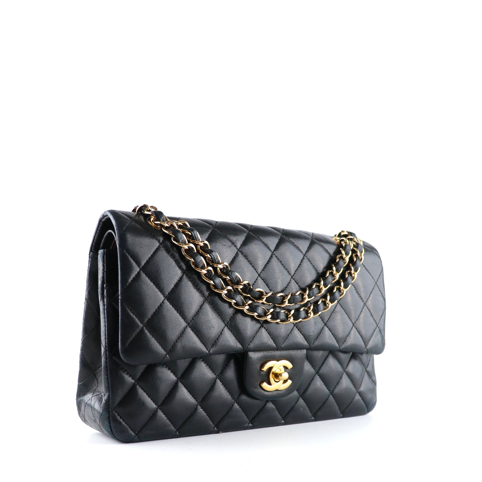 CHANEL - Sac à main Timeless 26 double flap en cuir matelassé noir vintage