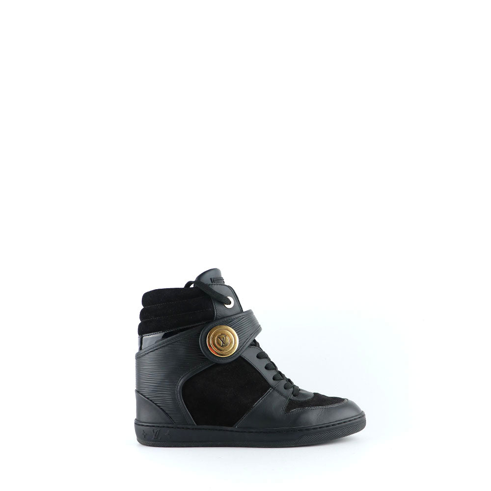 LOUIS VUITTON - Sneakers compensées montantes en daim et cuir épi noir (T38,5)