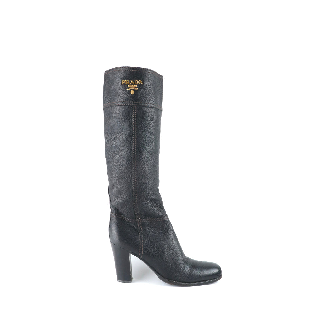 PRADA - Bottes à talon en cuir noir (T36,5)