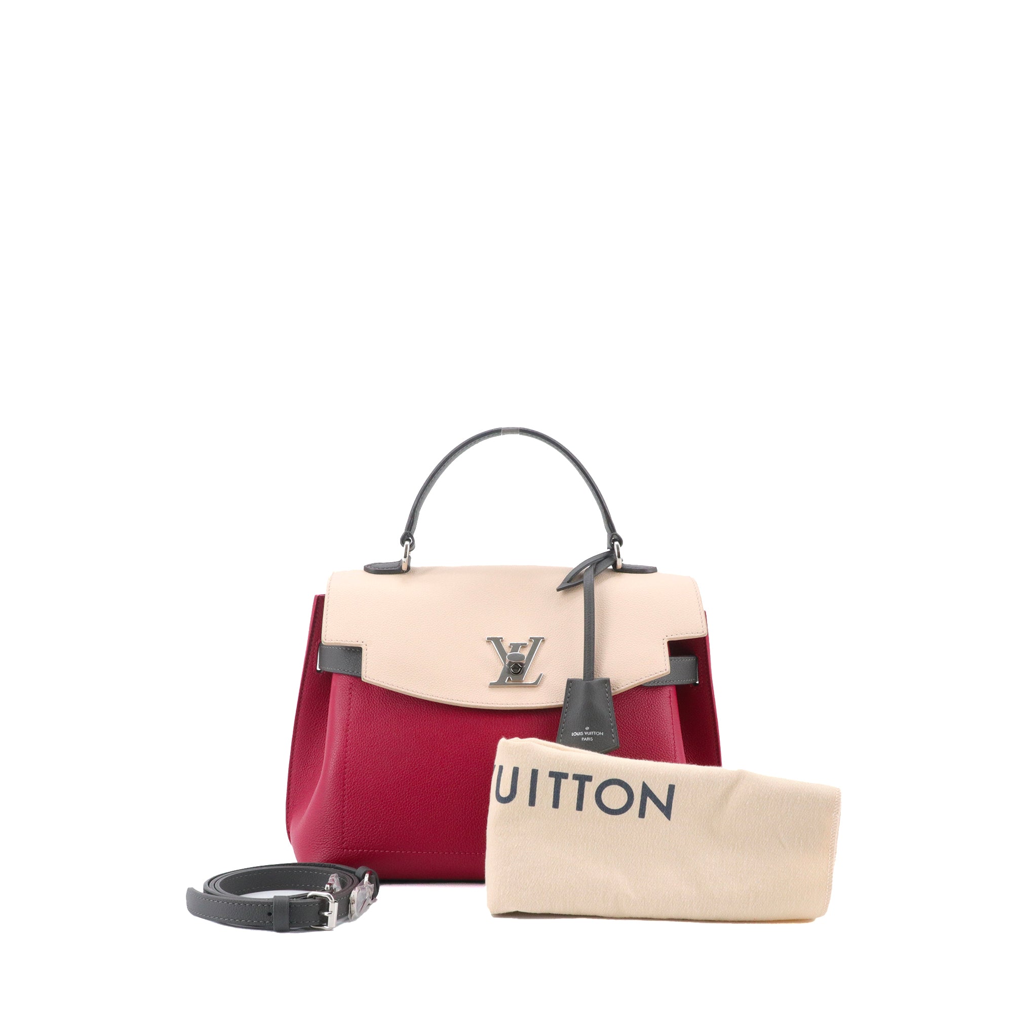 LOUIS VUITTON - Sac à bandoulière LockMe Ever MM Louis Vuitton en cuir grainé bordeaux et crème