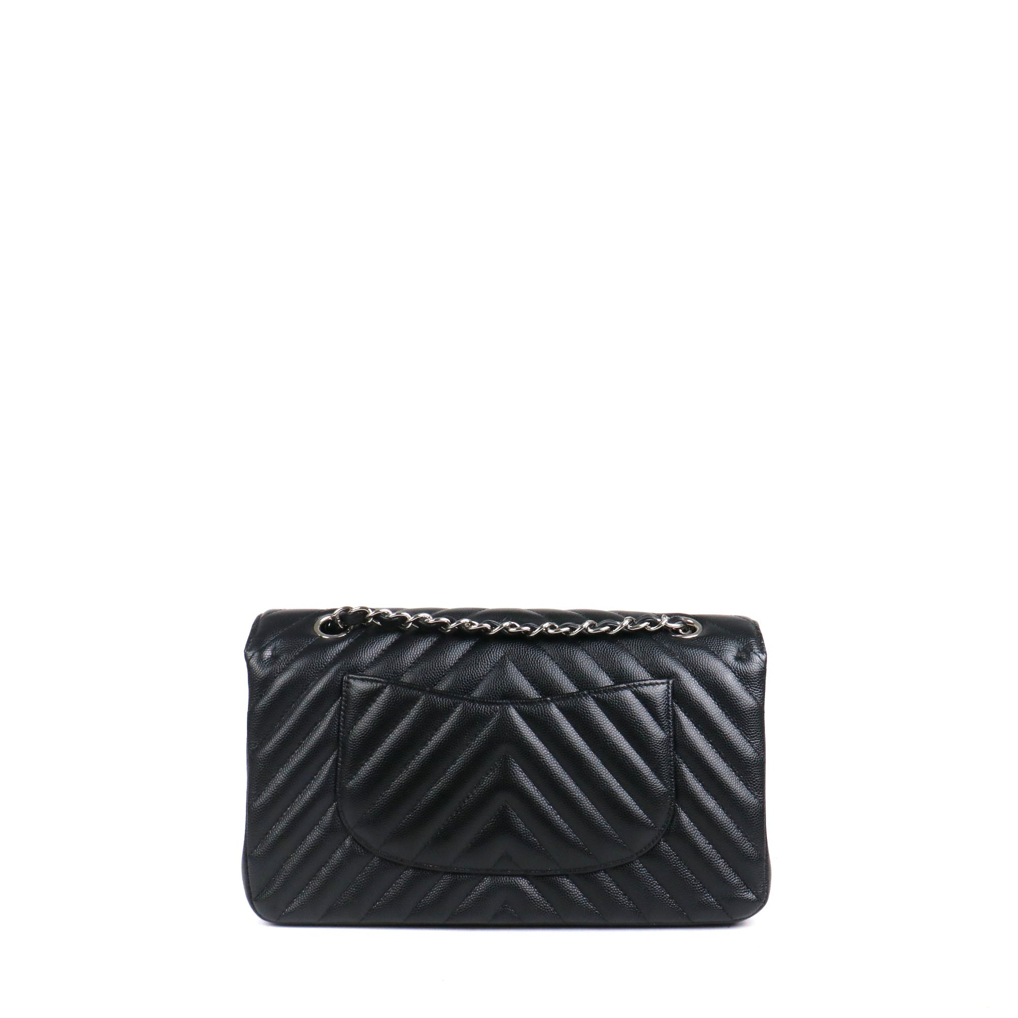 CHANEL - Sac à main Timeless/Classique Chanel medium double flap Chanel en cuir caviar chevron noir