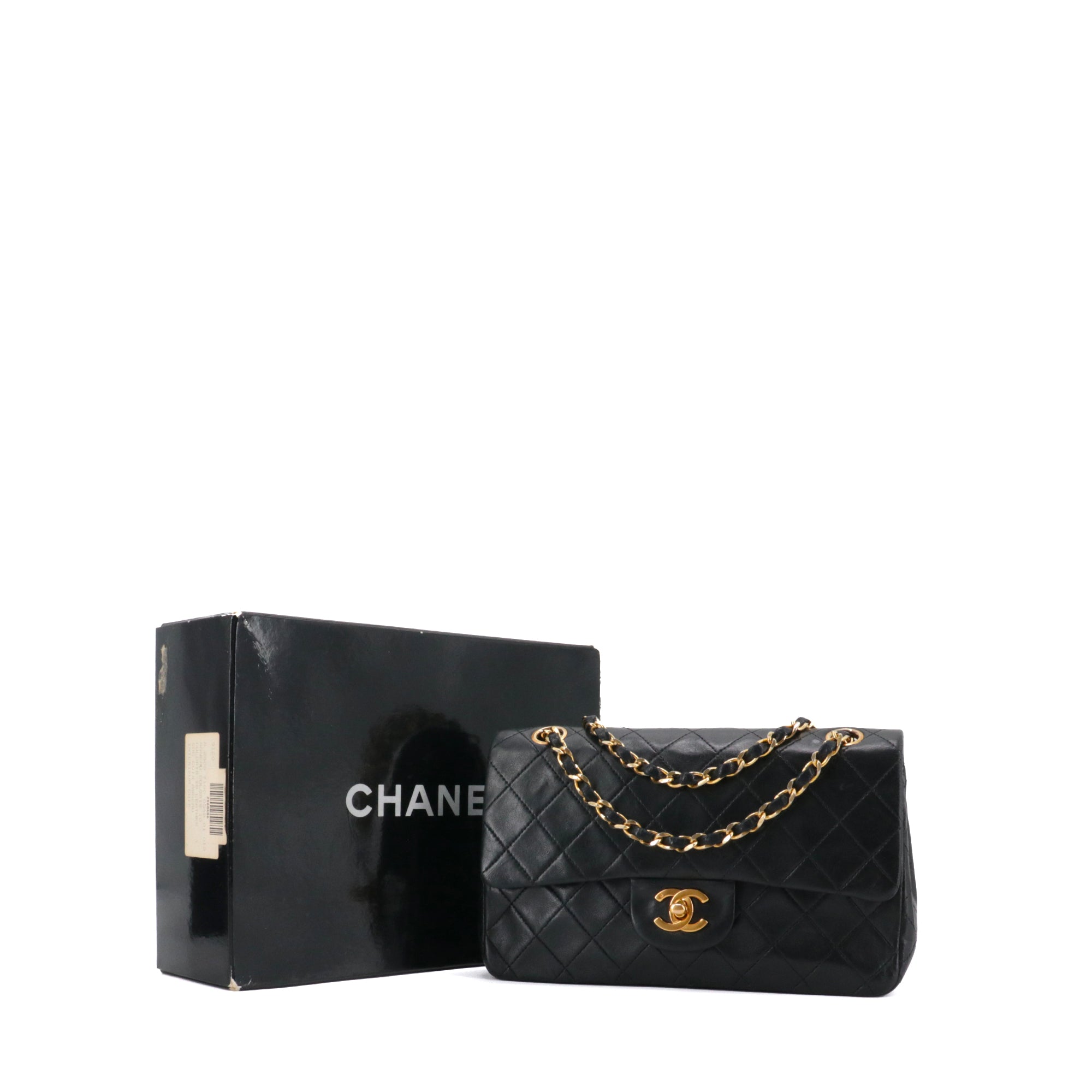 CHANEL - Sac à main Classique/Timeless double flap Chanel en cuir lisse noir vintage