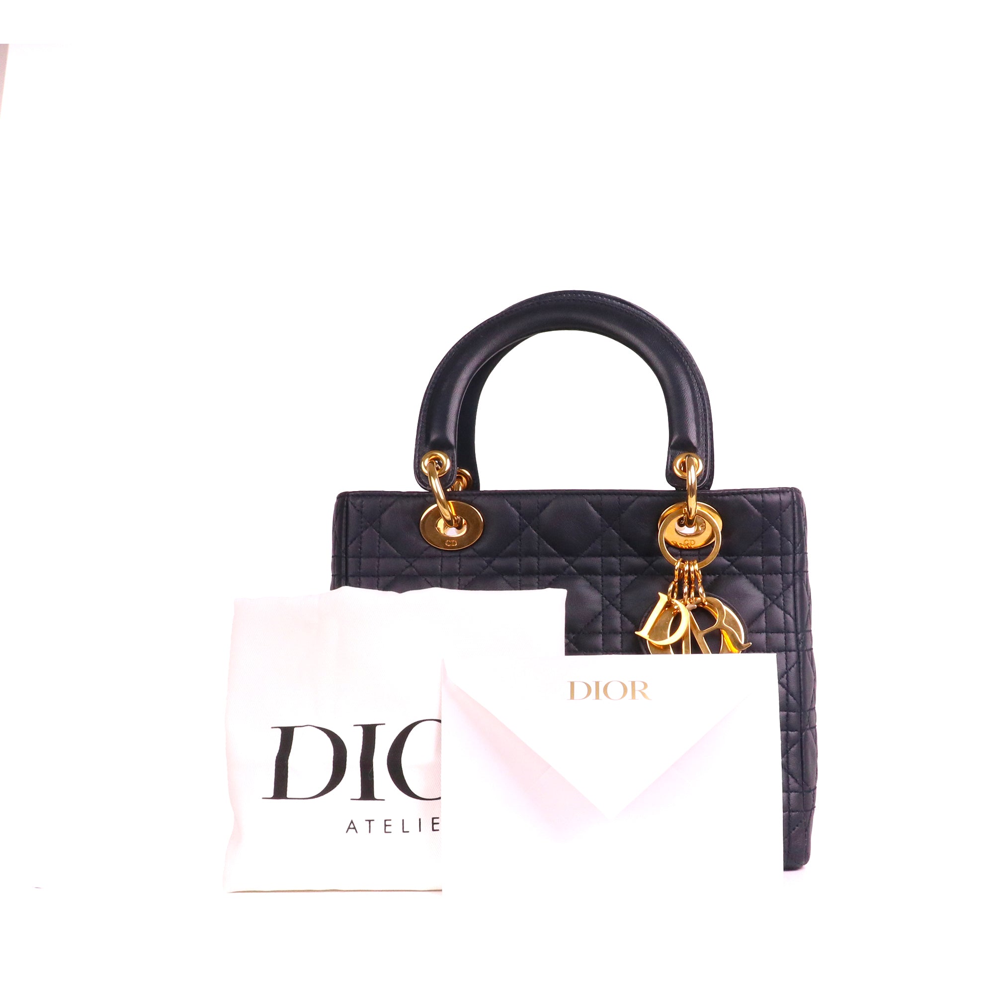 DIOR - Sac à main Lady Dior medium en cuir noir bleu marine vintage