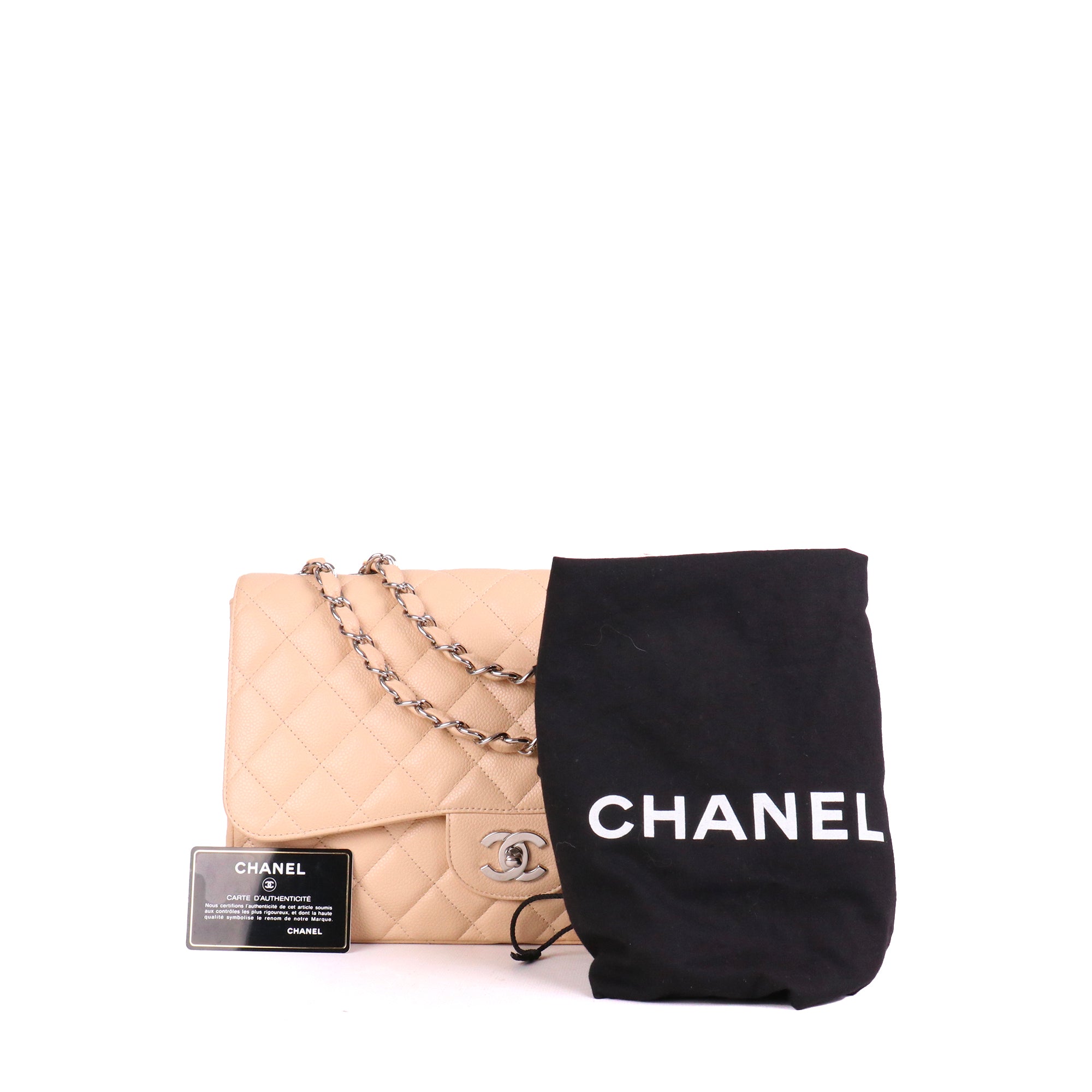 CHANEL - Sac à bandoulière Classique/Timeless Jumbo Chanel en cuir caviar beige
