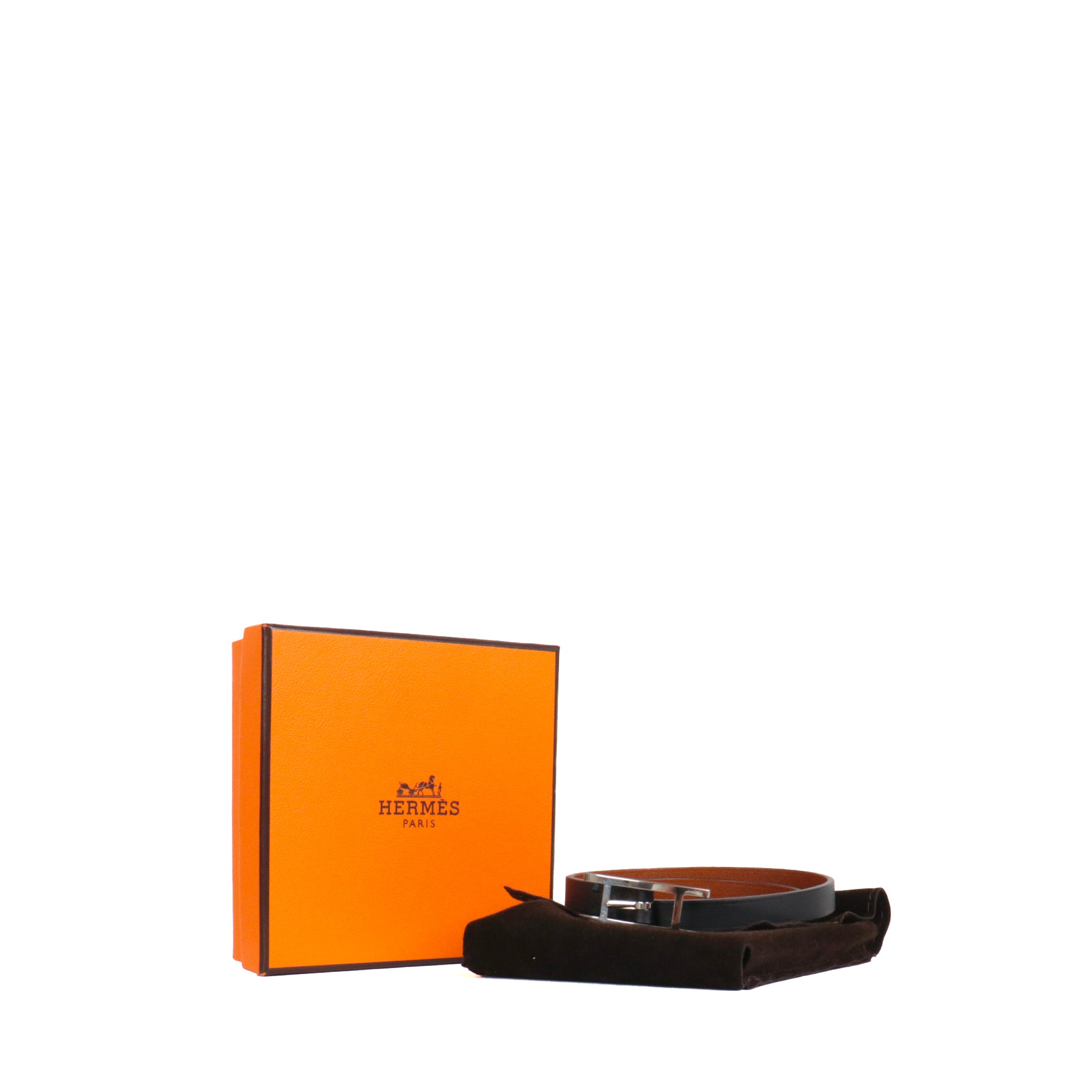 HERMÈS - Bracelet Behapi Double Tour réversible Hermès en cuir noir et fauve (T3)