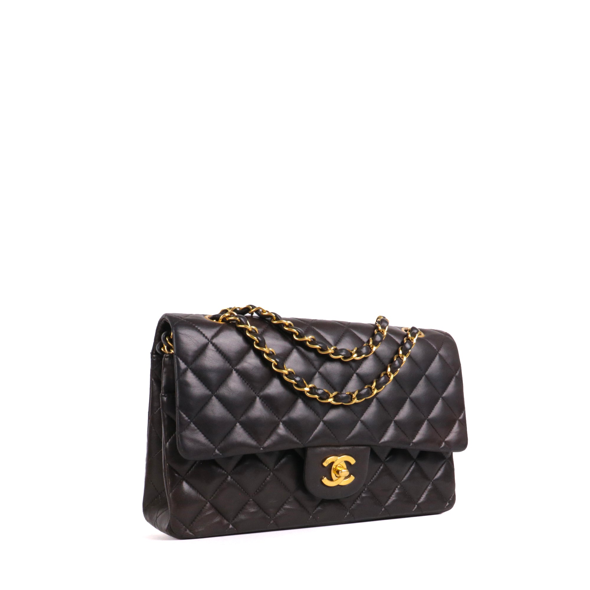 CHANEL - Sac à main Timeless/Classique medium Chanel double flap en cuir matelassé noir vintage