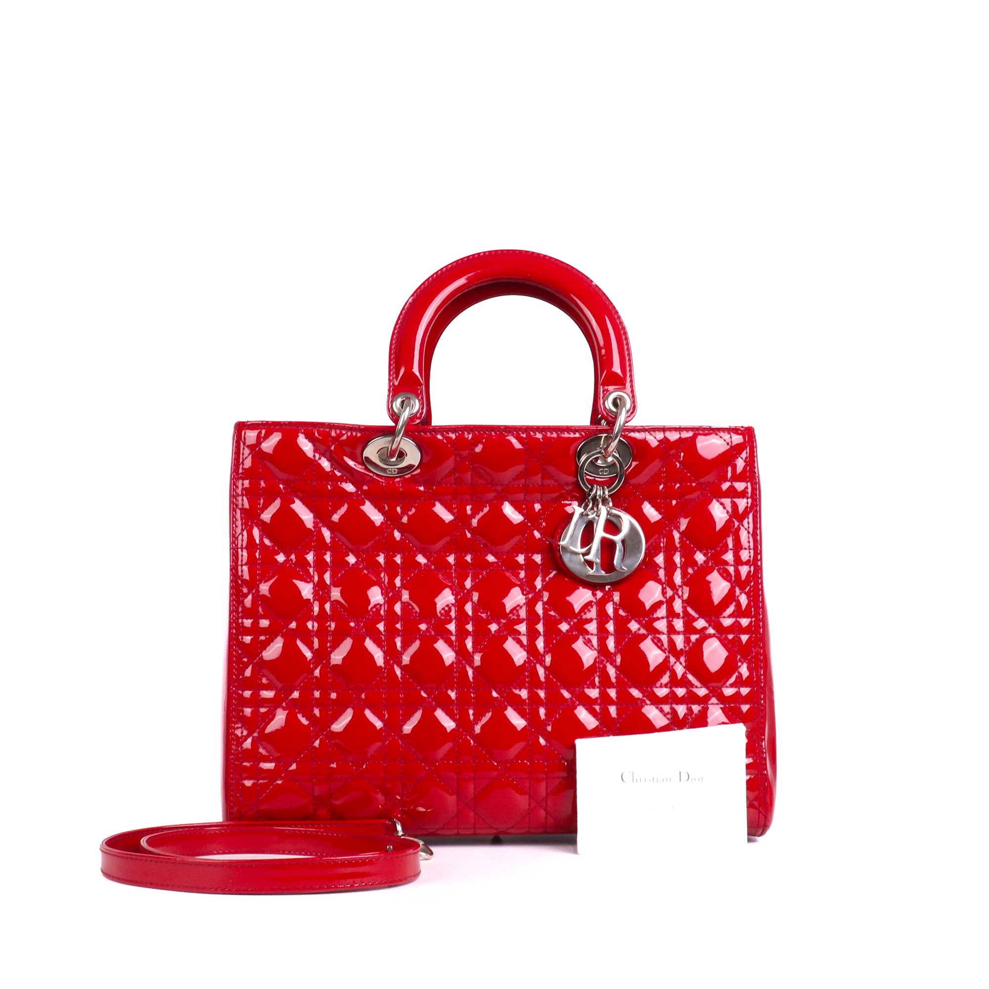 DIOR - Sac à main Lady Dior Large en cuir verni rouge