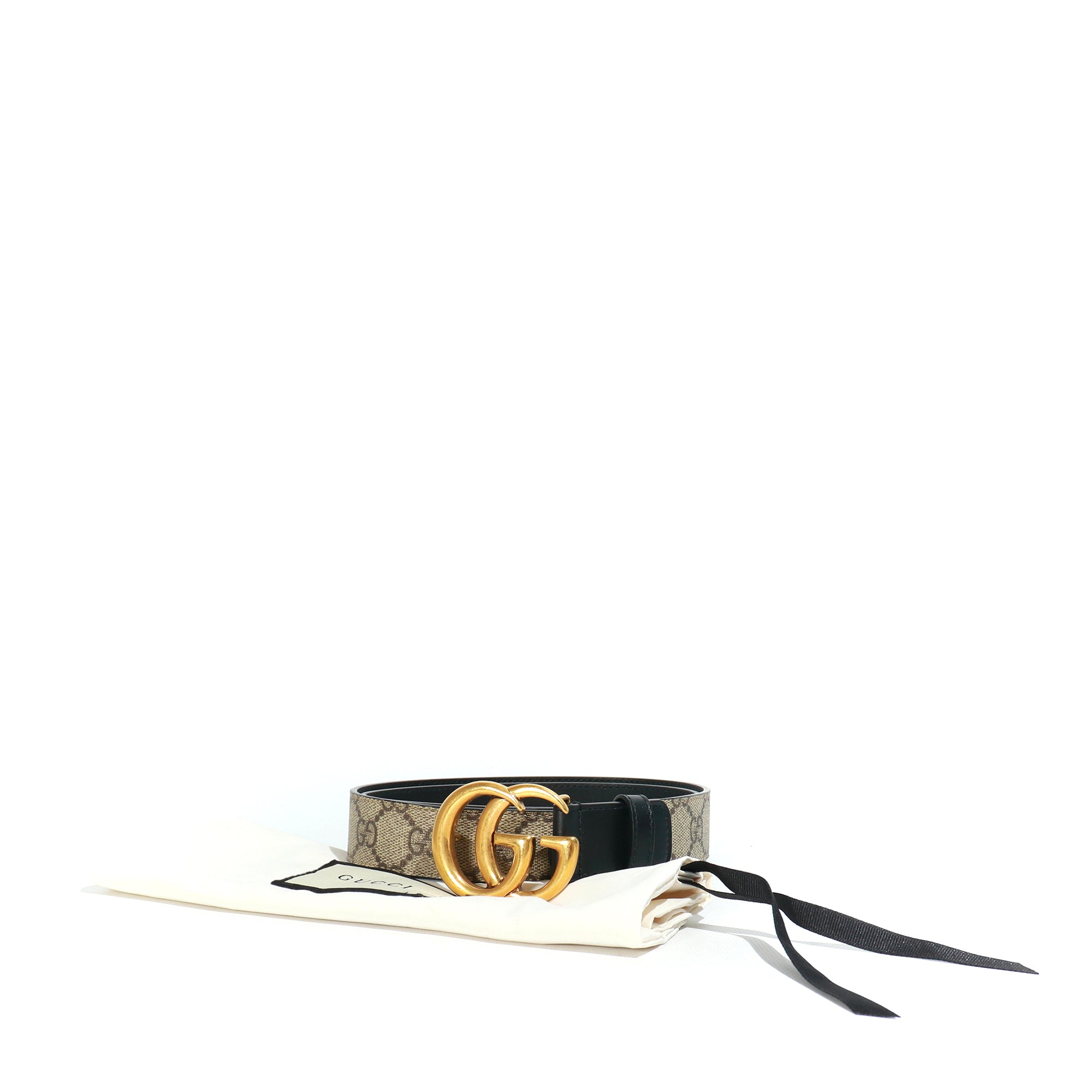 GUCCI - Ceinture GG Buckle en cuir lisse noir et toile monogrammée (T85)