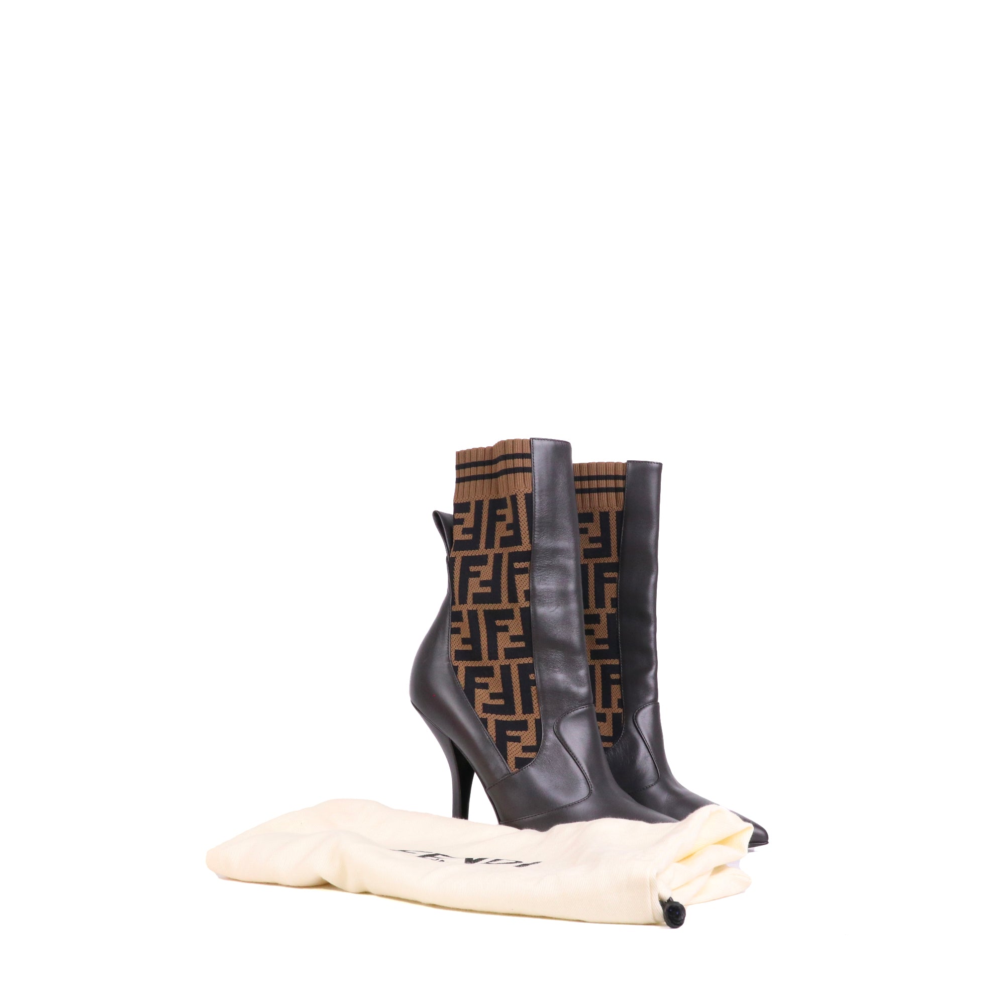 FENDI - Bottines à talon FF Fendi en cuir et tissu monogrammé