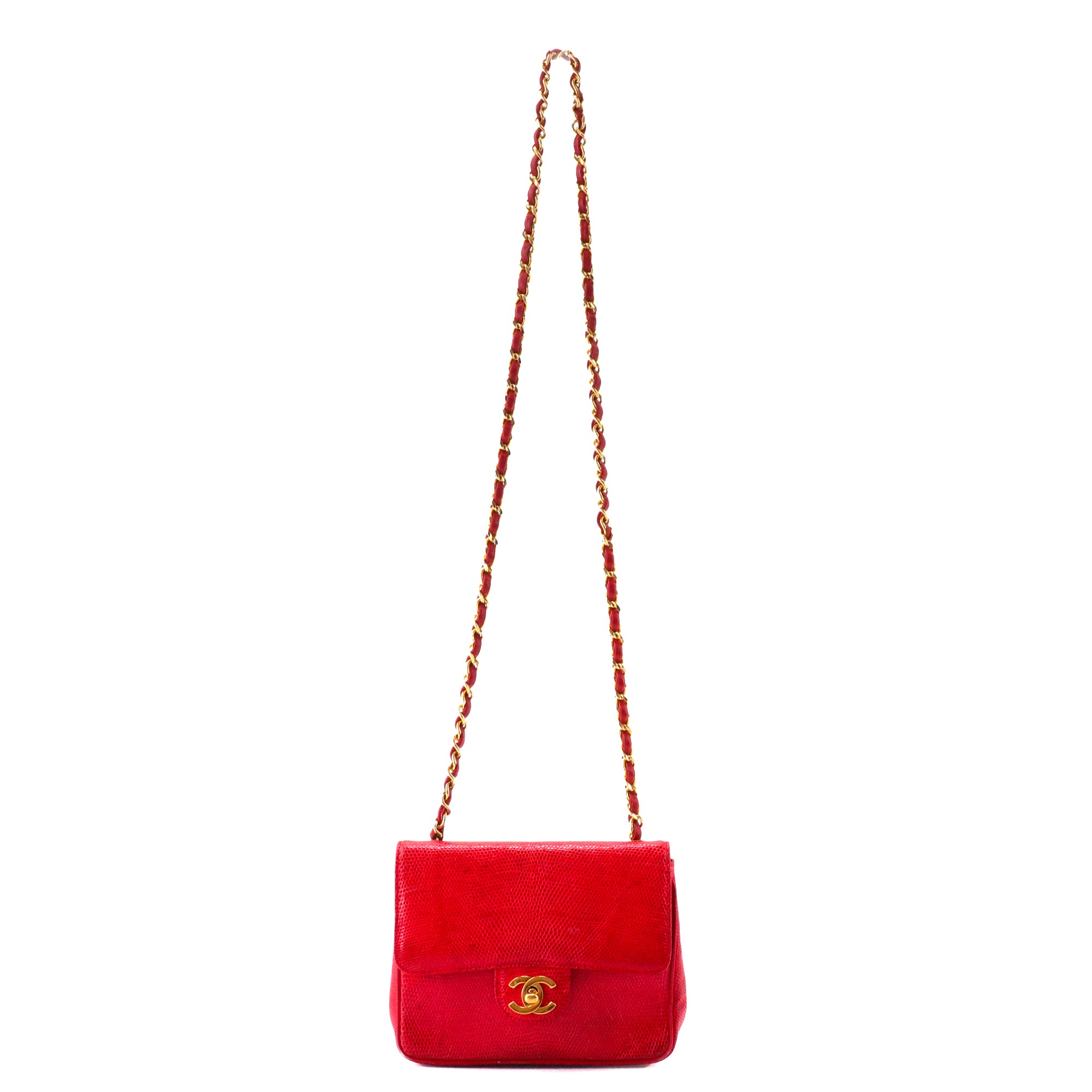 CHANEL - Sac à bandoulière Classique/Timeless Mini Square Chanel en lézard rouge vintage