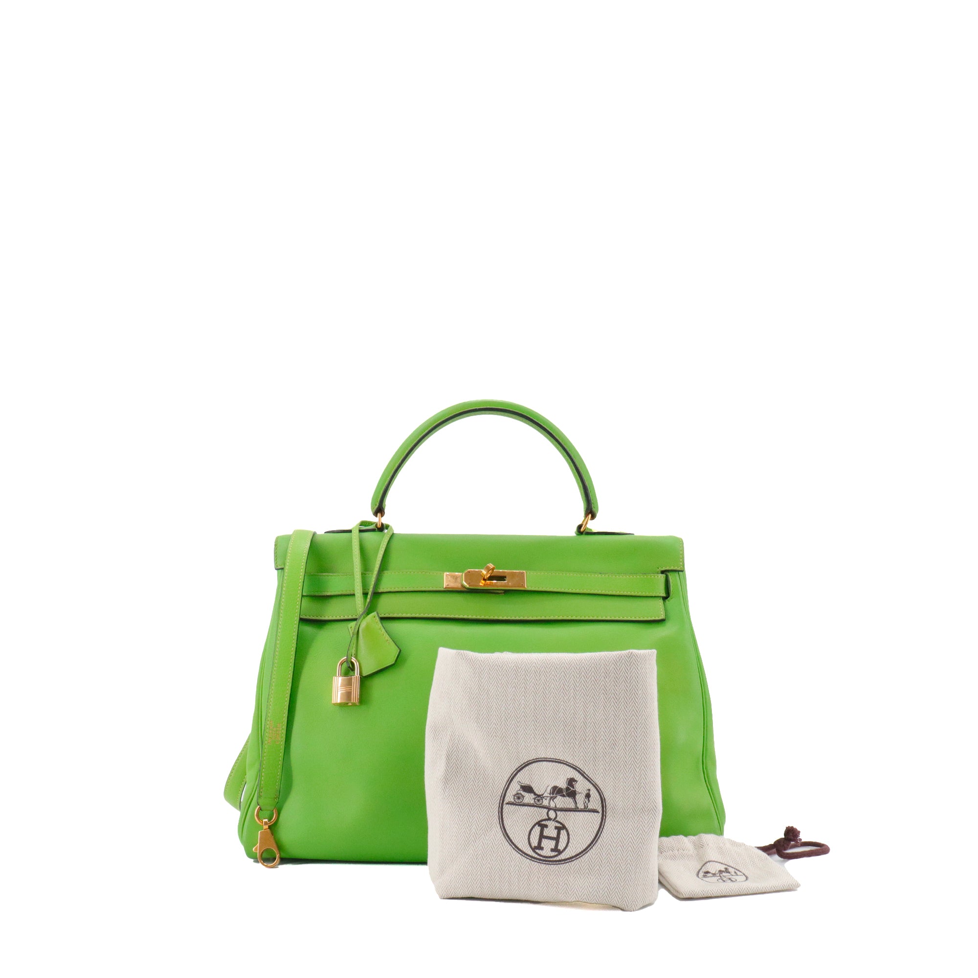 HERMÈS - Sac à main Kelly 35 Hermès en cuir swift vert grany