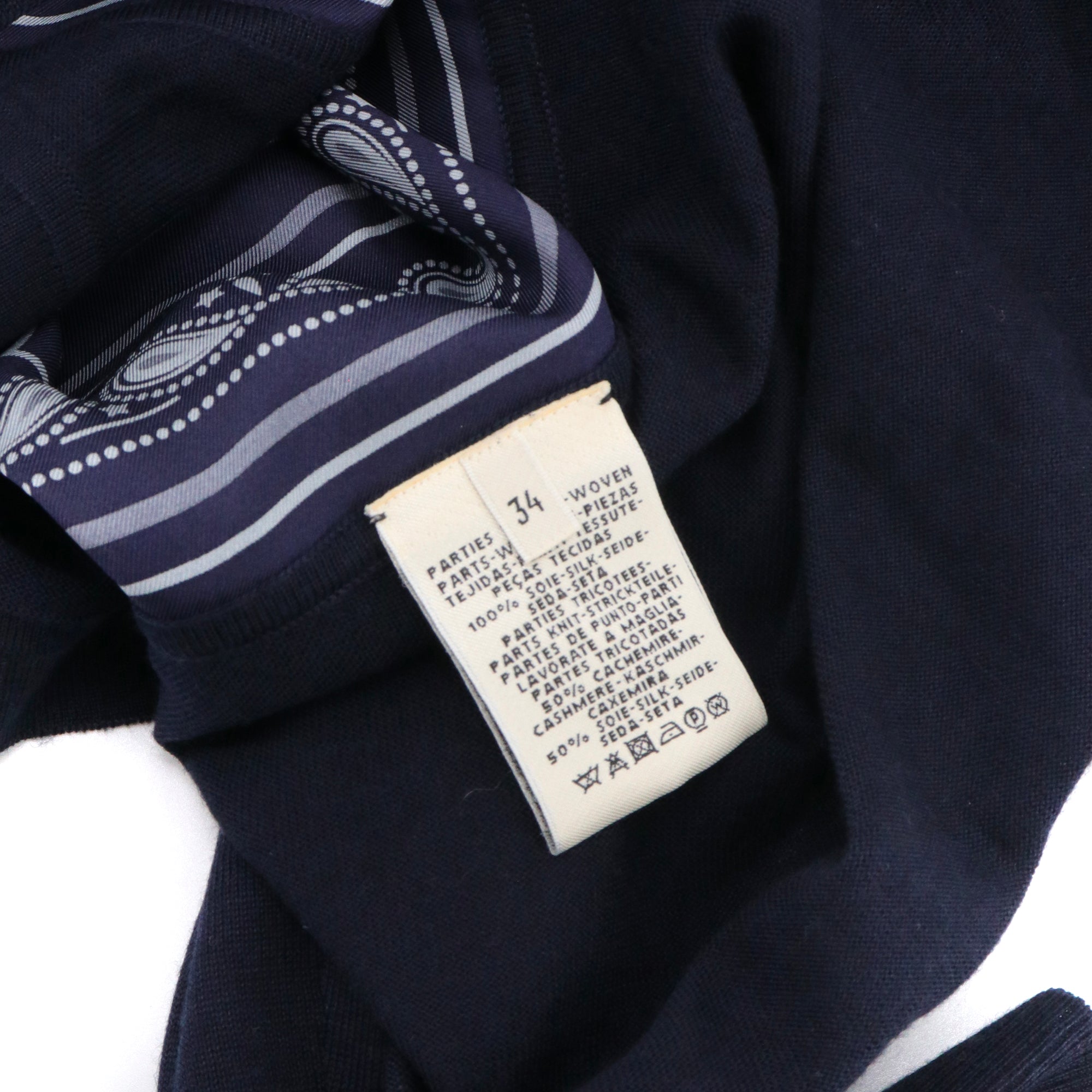 HERMÈS - Cardigan Les Rubans du Cheval Hermès en soie et cachemire bleu marine (T34)