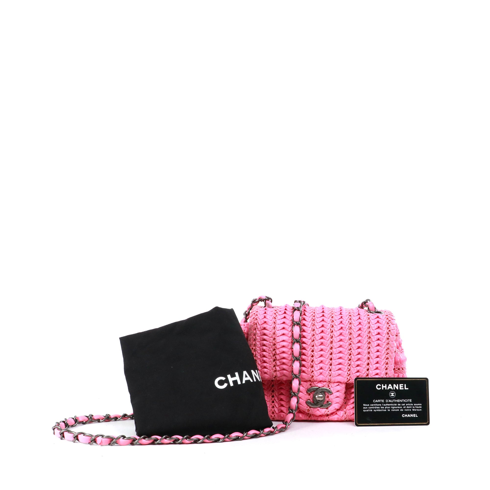 CHANEL - Sac à bandoulière Timeless Mini Square Chanel en crochet cuir rose