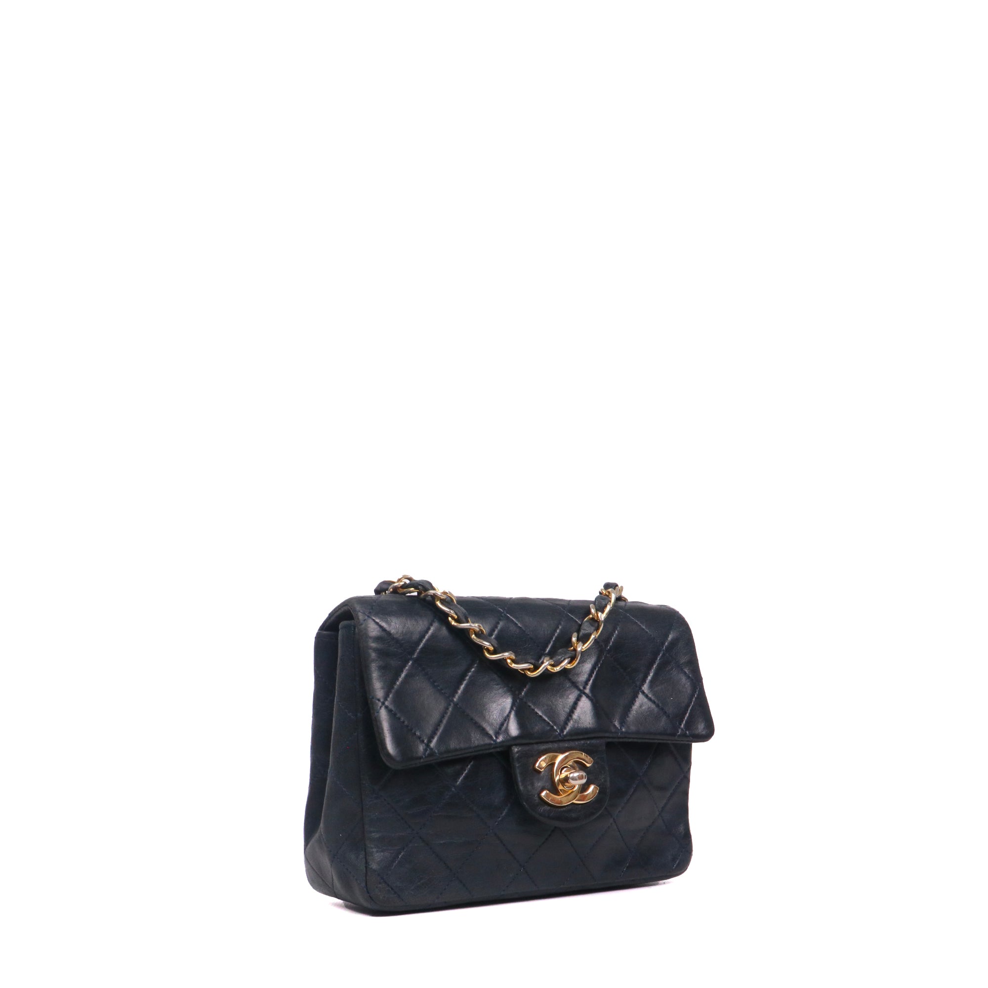 CHANEL - Sac à bandoulière Classique/Timeless Mini Square Chanel en cuir bleu marine vintage