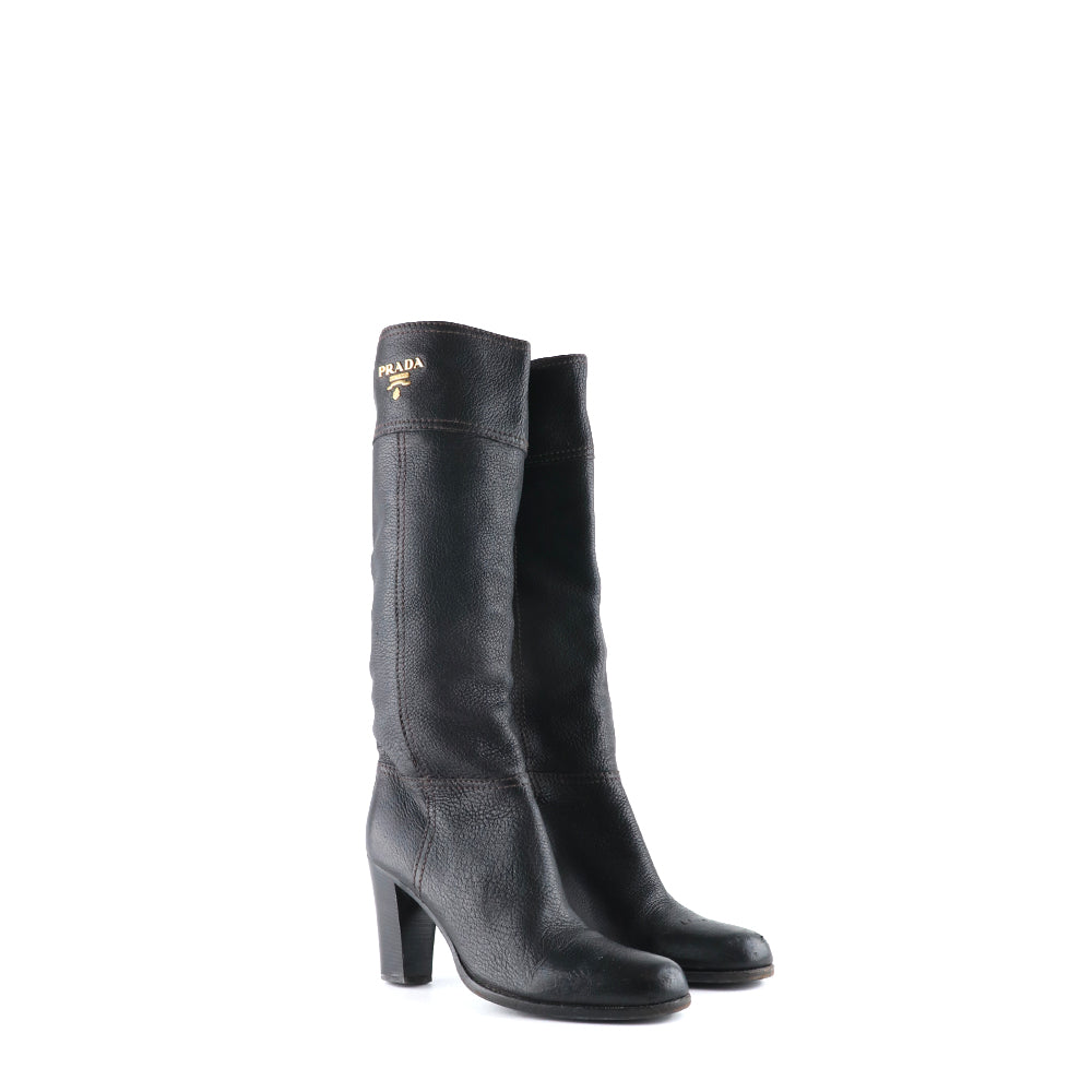 PRADA - Bottes à talon en cuir noir (T36,5)