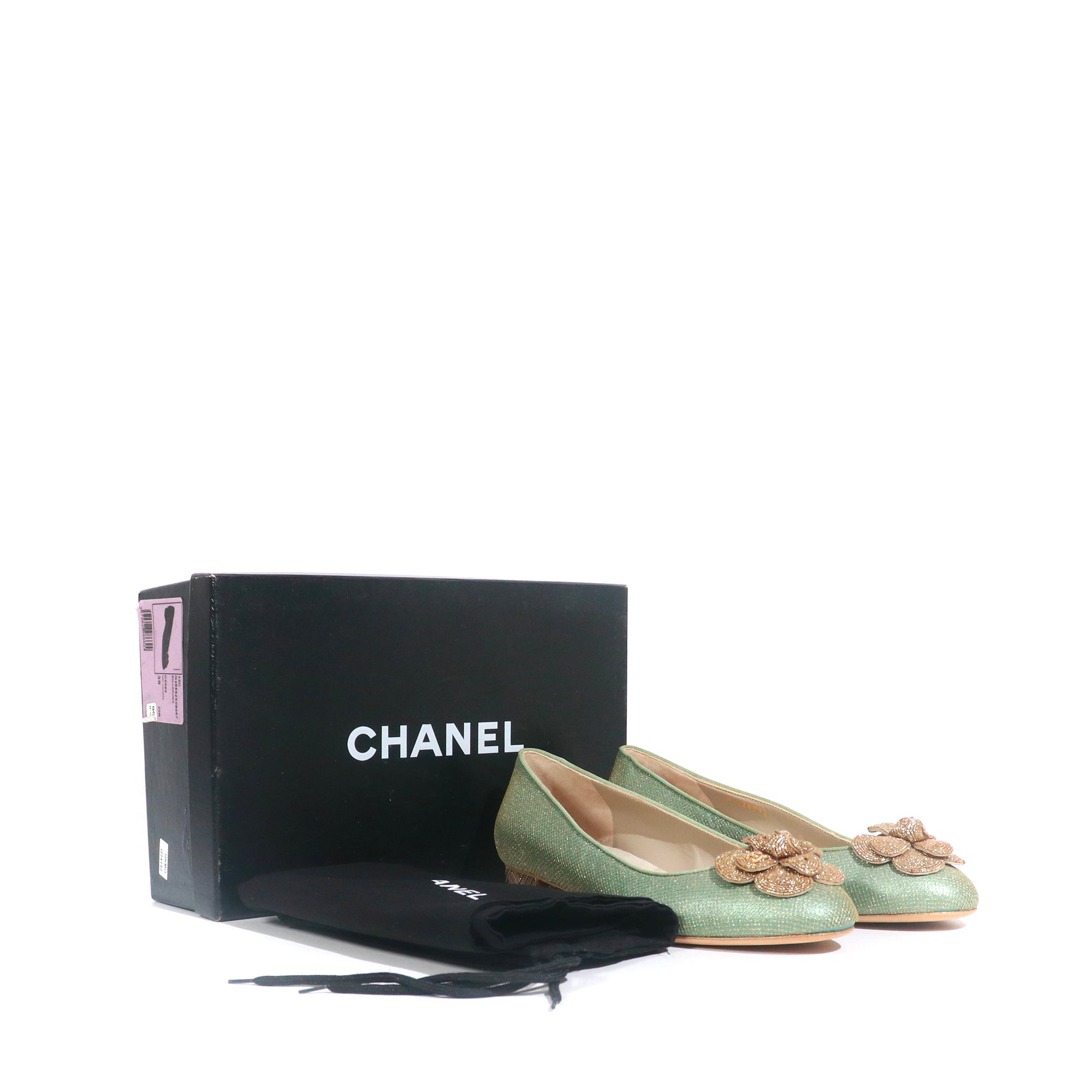 CHANEL - Ballerines en toile verte et dorée (T39)