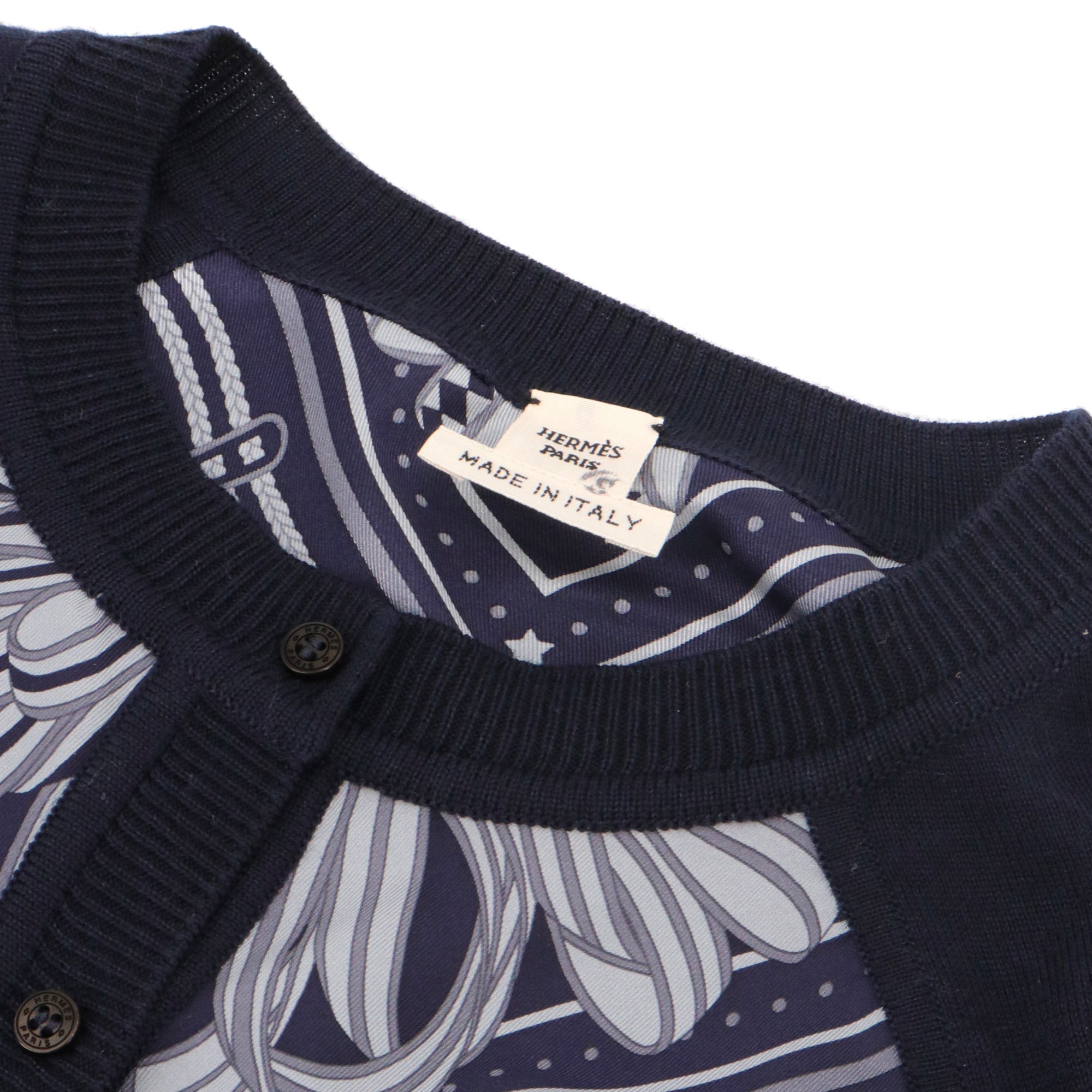 HERMÈS - Cardigan Les Rubans du Cheval Hermès en soie et cachemire bleu marine (T34)