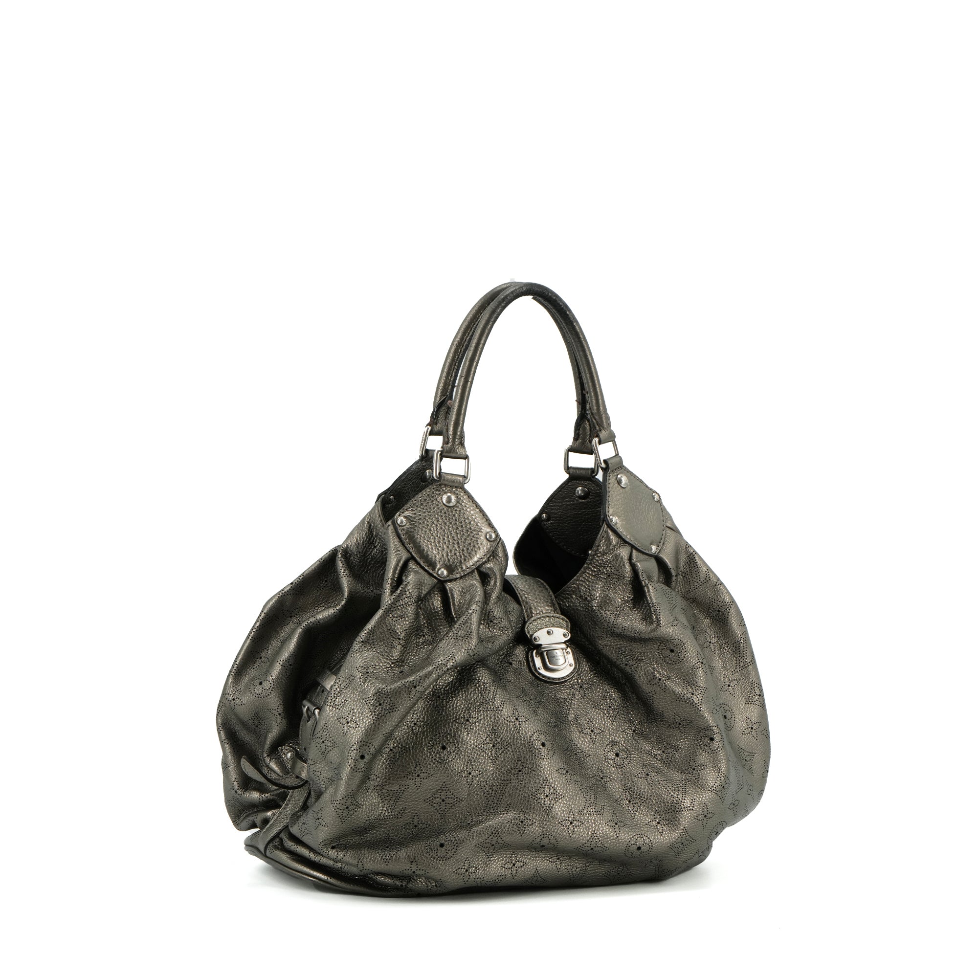 LOUIS VUITTON - Sac cabas Mahina Louis Vuitton en cuir grainé argenté vintage