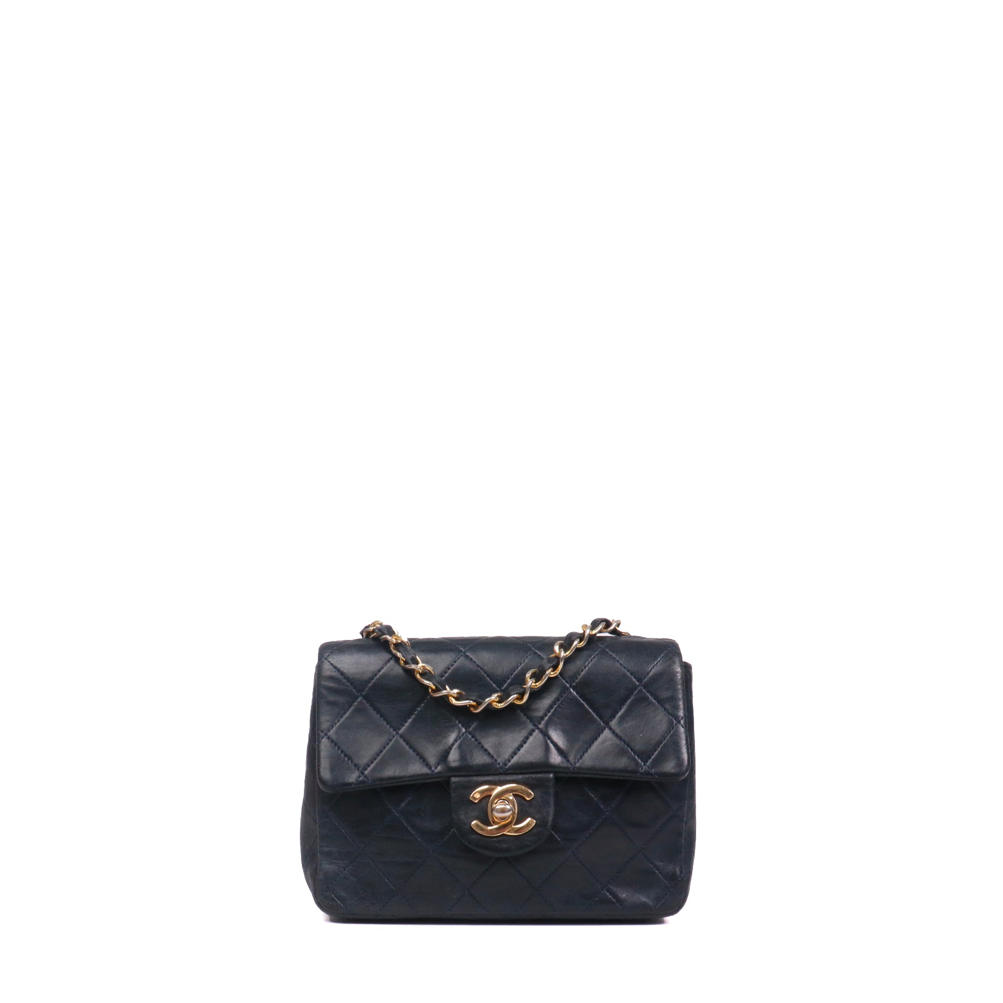 CHANEL - Sac à bandoulière Classique/Timeless Mini Square Chanel en cuir bleu marine vintage