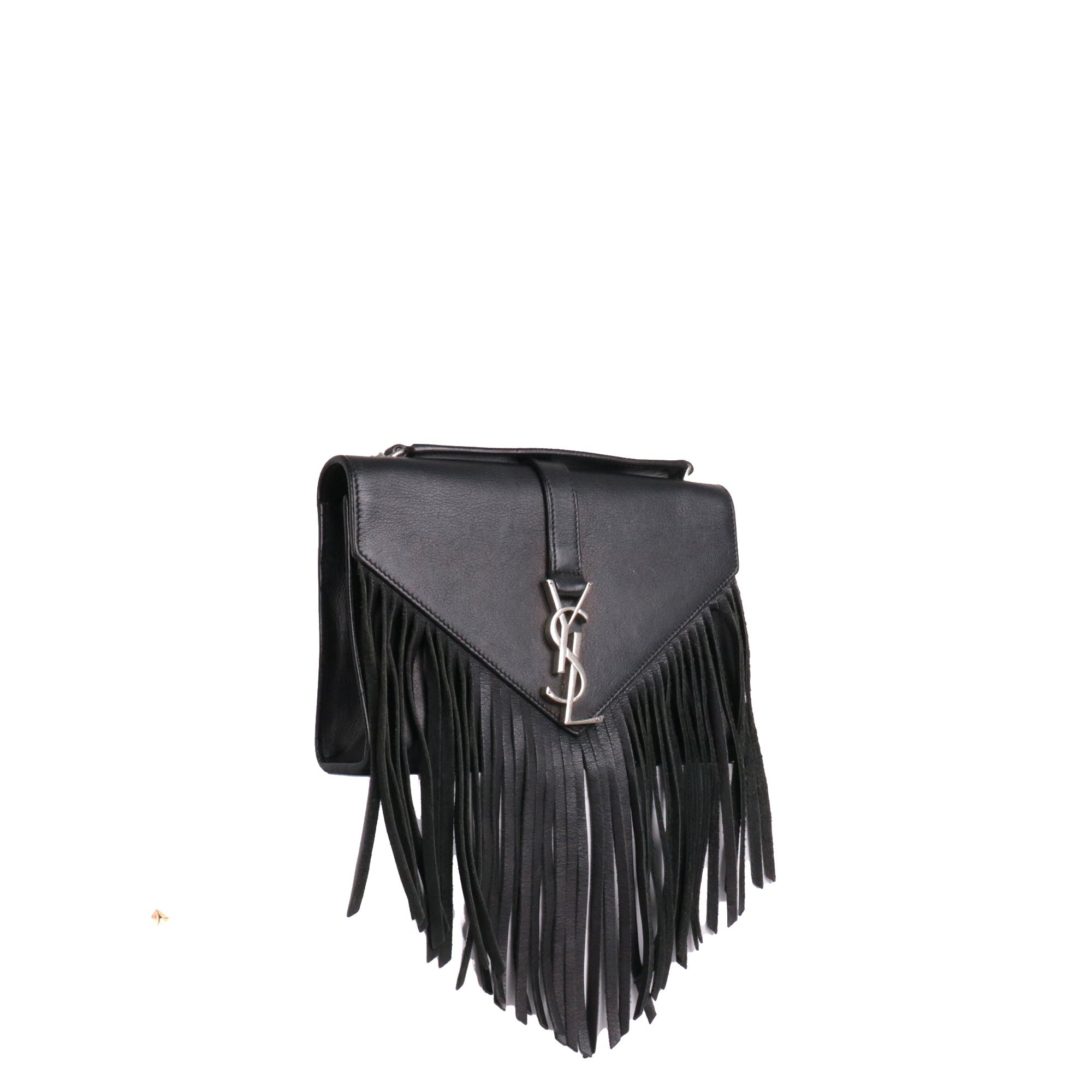 SAINT LAURENT - Sac à bandoulière Envelope Saint Laurent à franges en cuir noir