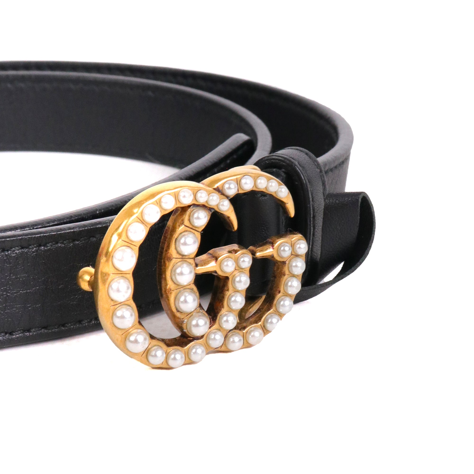GUCCI - Ceinture Gucci fine GG Marmont en cuir noir à perles (T75)
