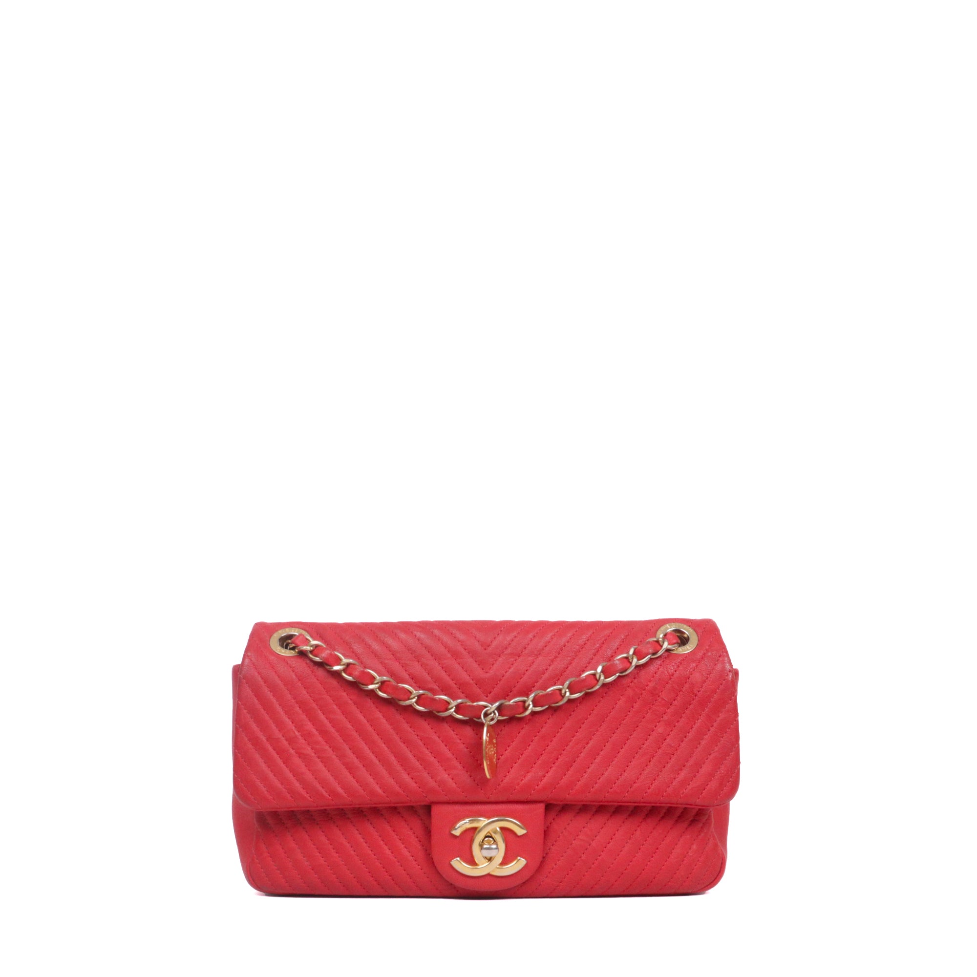 CHANEL - Sac à main Classique/Timeless Médaillon Chanel en cuir chevron rouge