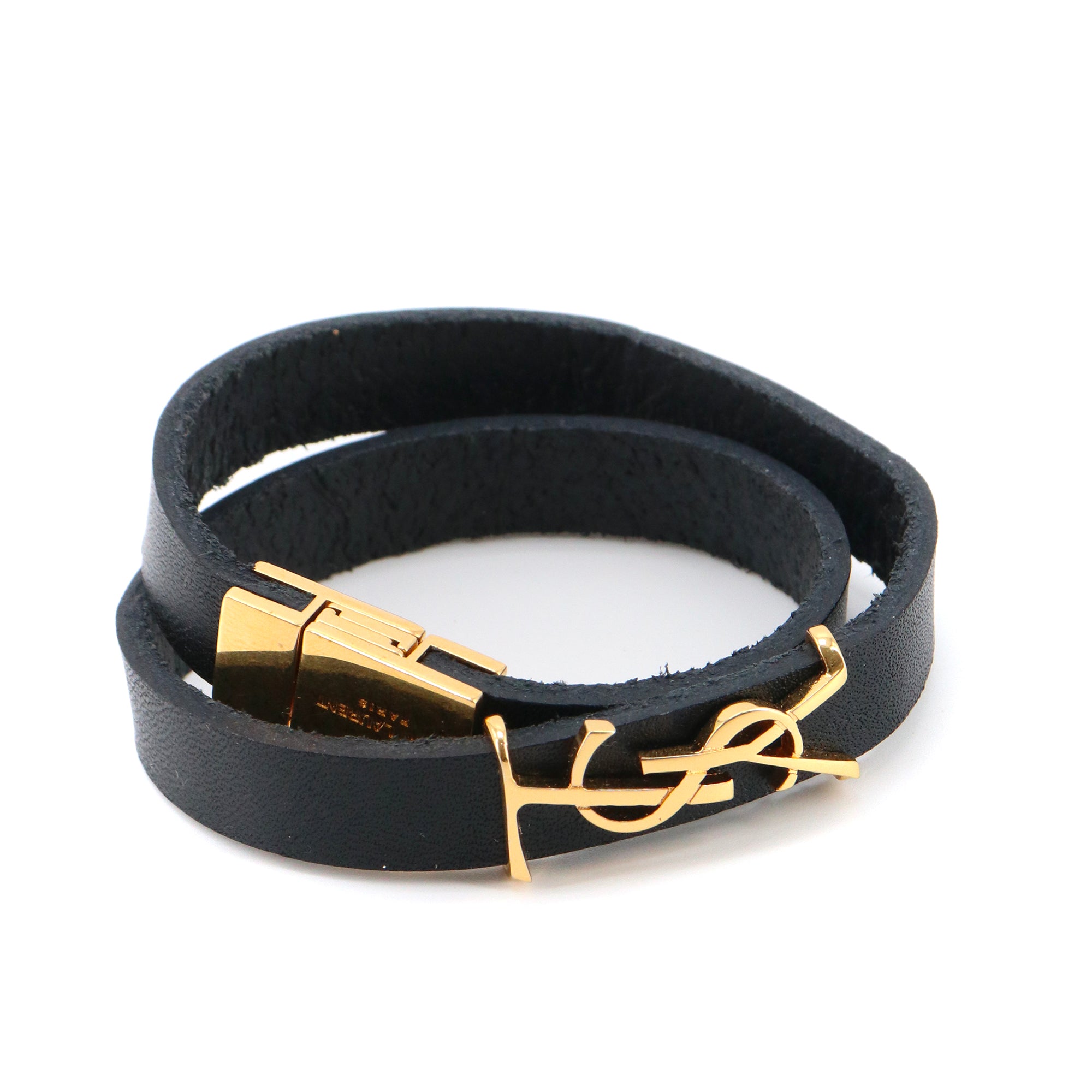 SAINT LAURENT - Bracelet Cassandre double tour Saint Laurent en cuir lisse noir (S)