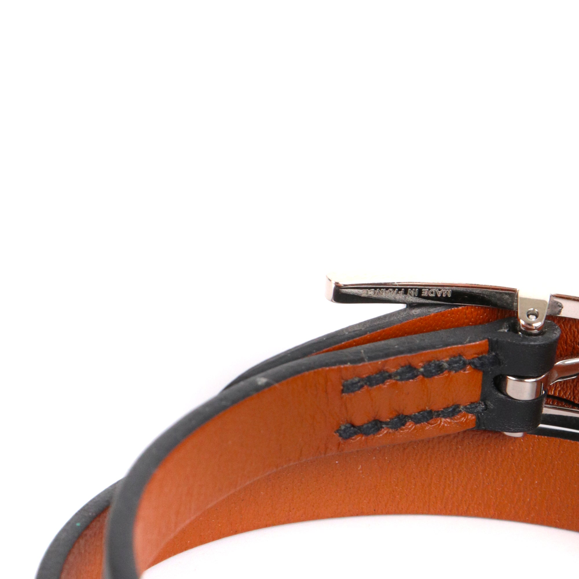 HERMÈS - Bracelet Behapi Double Tour réversible Hermès en cuir noir et fauve (T3)