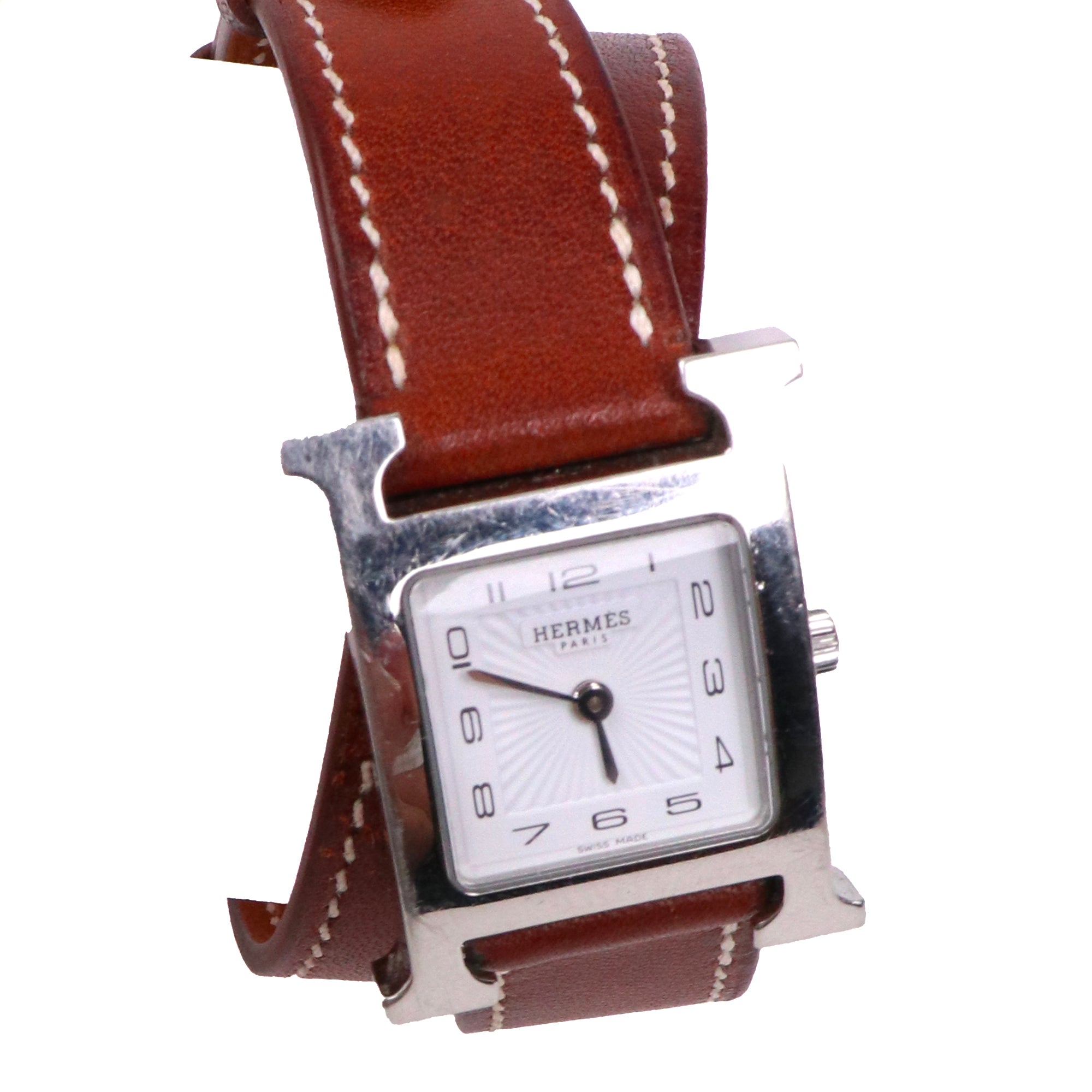 HERMÈS - Montre Heure H Hermès mini modèle en cuir marron