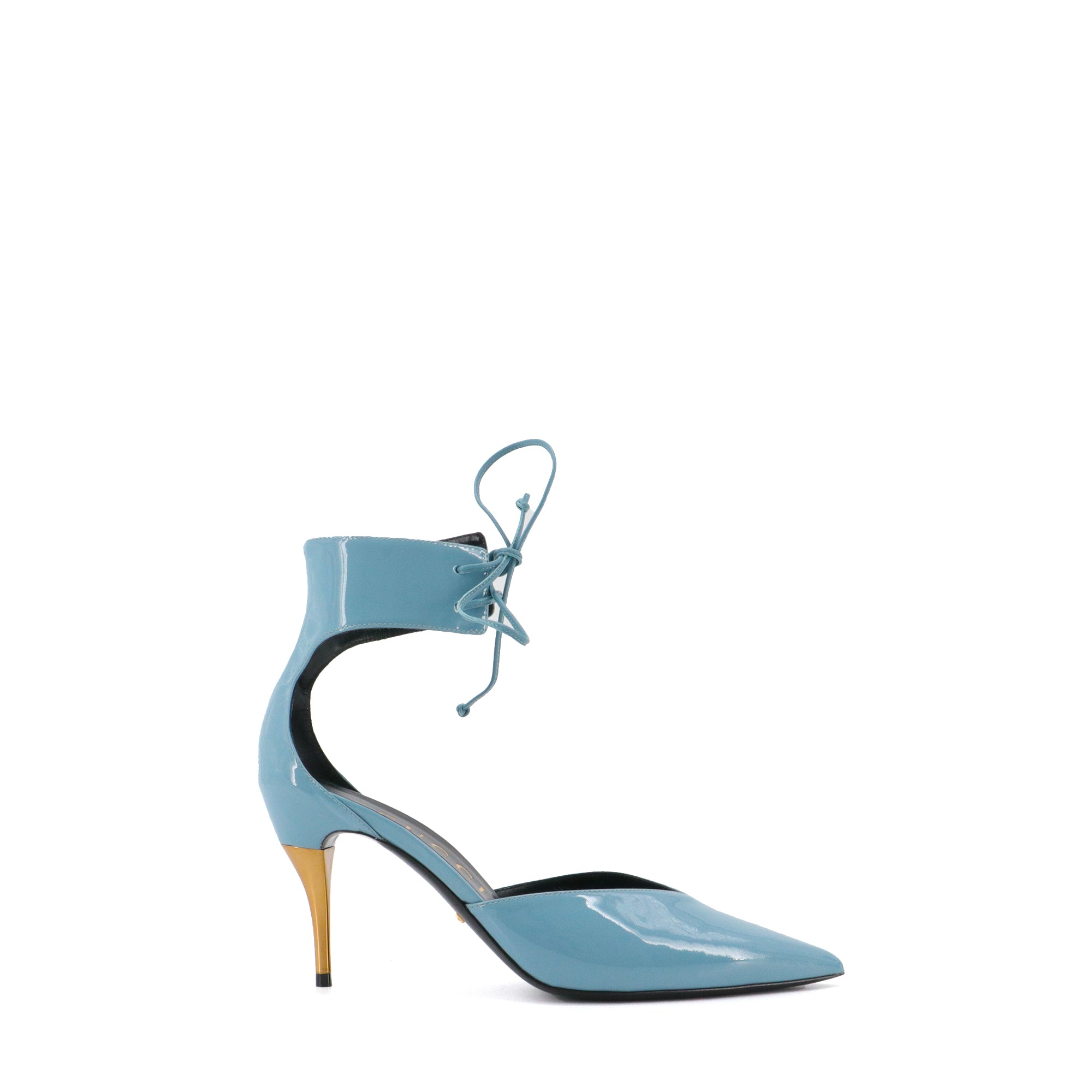 GUCCI - Escarpins à talon Gucci en cuir verni bleu (T39.5)