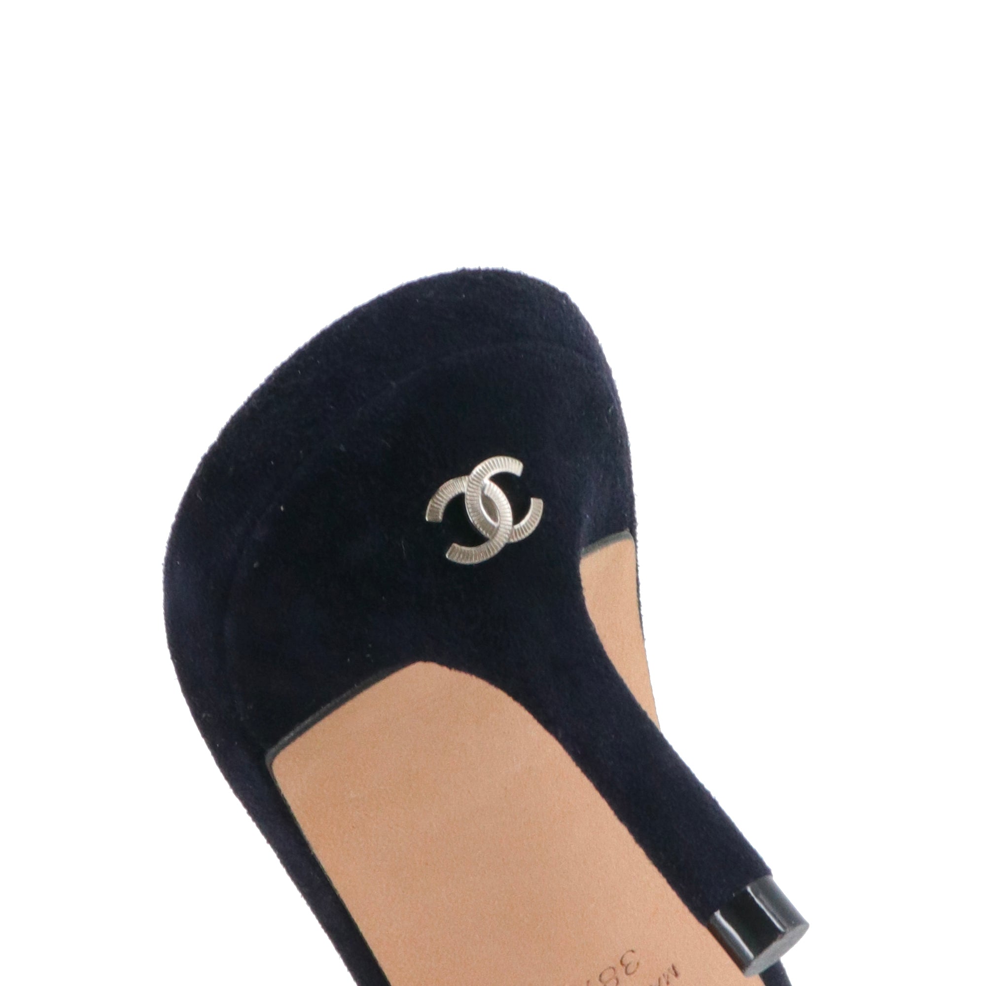 CHANEL - Chanel navy blue suede heeled mules (size 38.5)